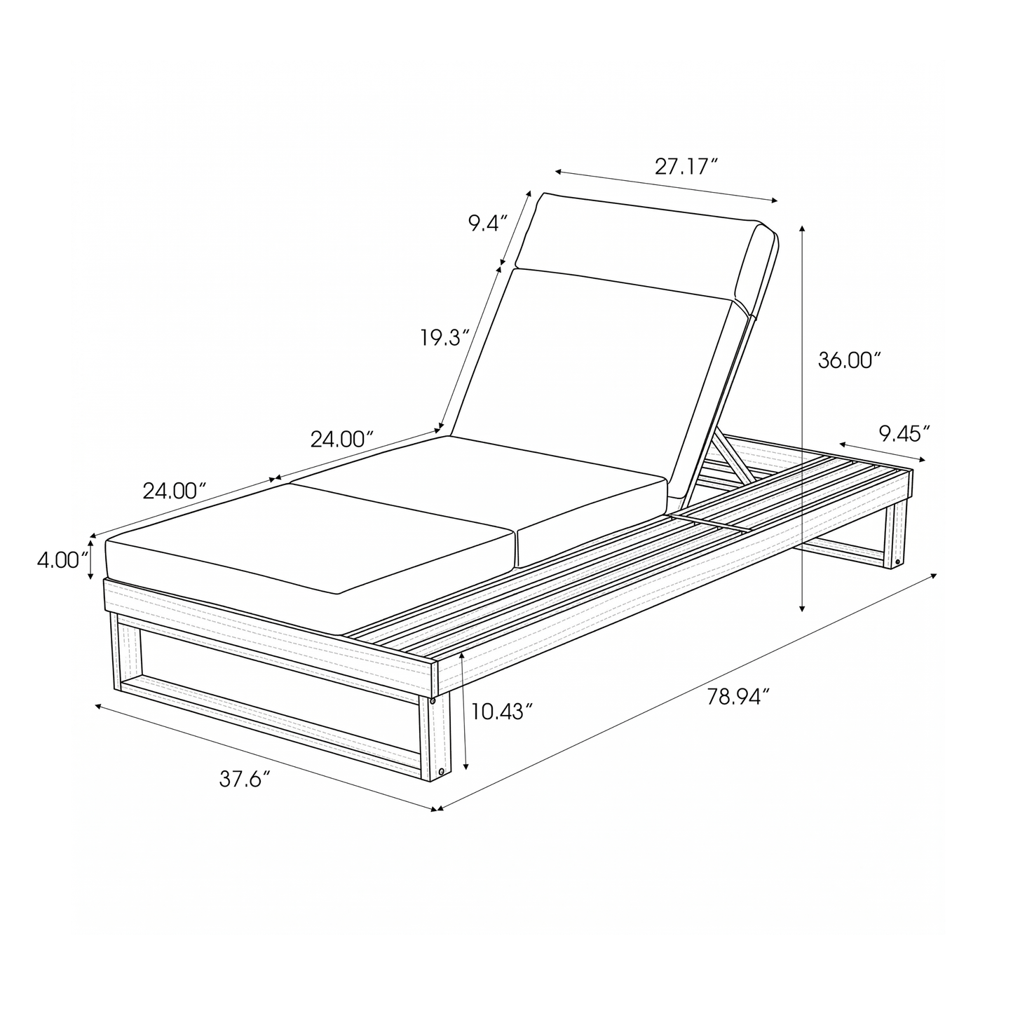Teak Finish Acacia Wood Chaise Lounge with 4-Inch Beige 4-Fold Cushion Set, Adjustable Outdoor Patio Lounger with Flat Side Surface, for Poolside- Matching cream,dark gray version available