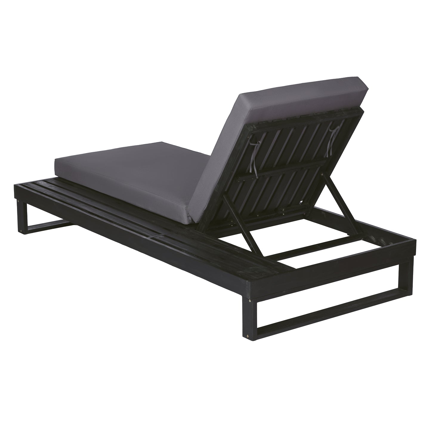 Black Acacia Wood Chaise Lounge with 4-Inch Dark Grey 2-Fold  Cushion Set, 4-Position Adjustable Outdoor Patio Lounger with Flat Side Surface, for Poolside- Matching cream version available