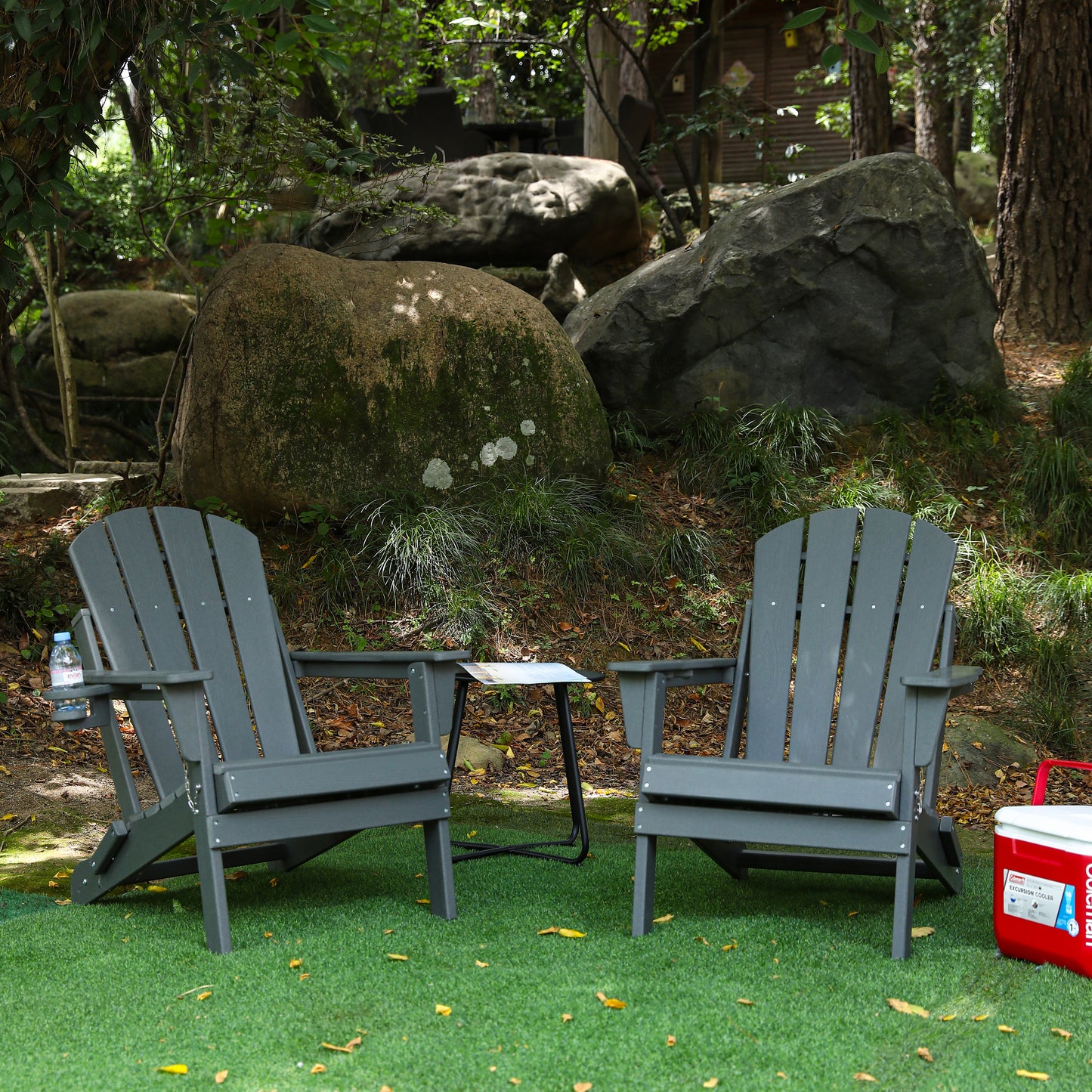 HDPE Folding Adirondack Chair with Dual Cup Holder - Composite Adirondack Chair with Wood Texture- ,Gray