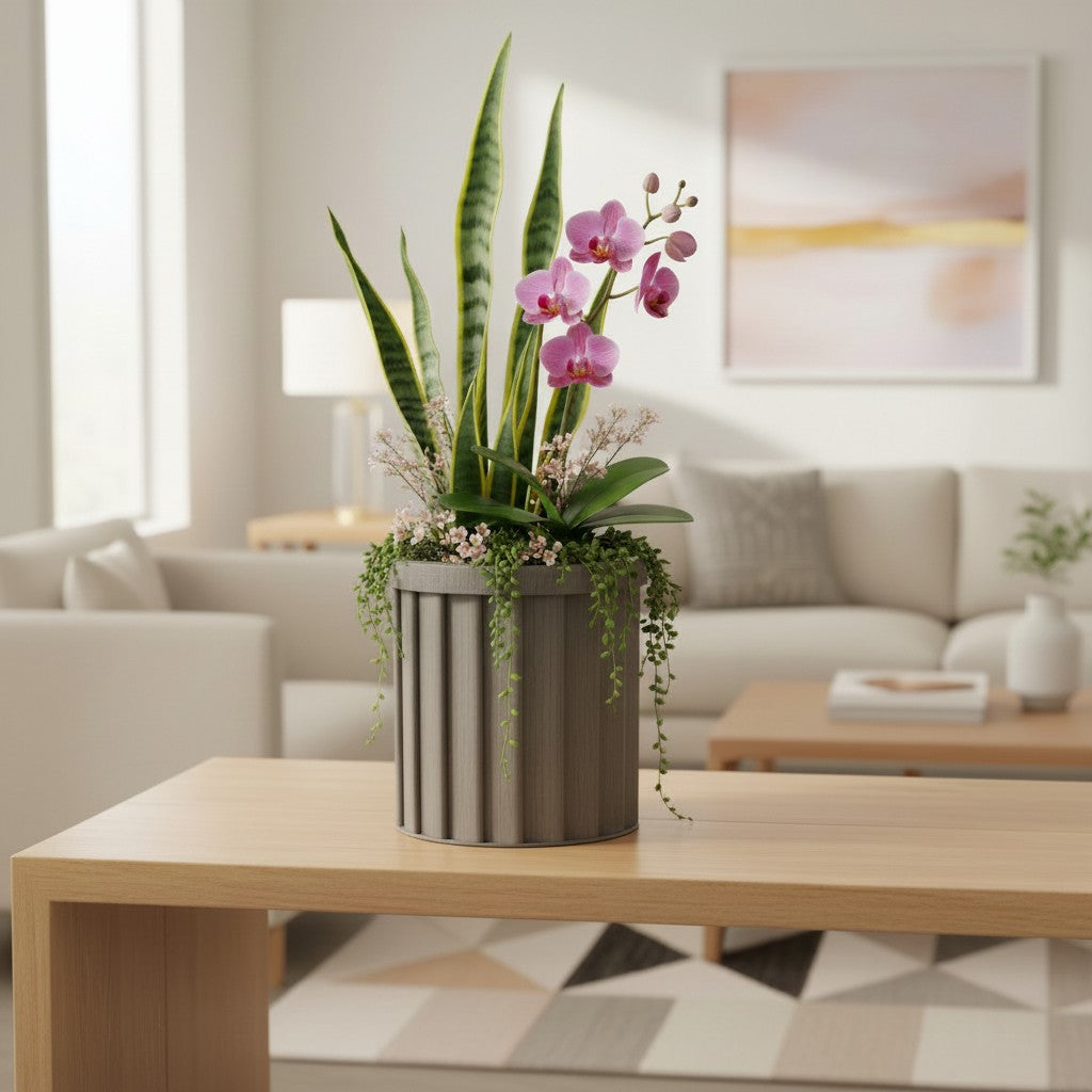 Round Strata Column Planter SM - Grey Brown