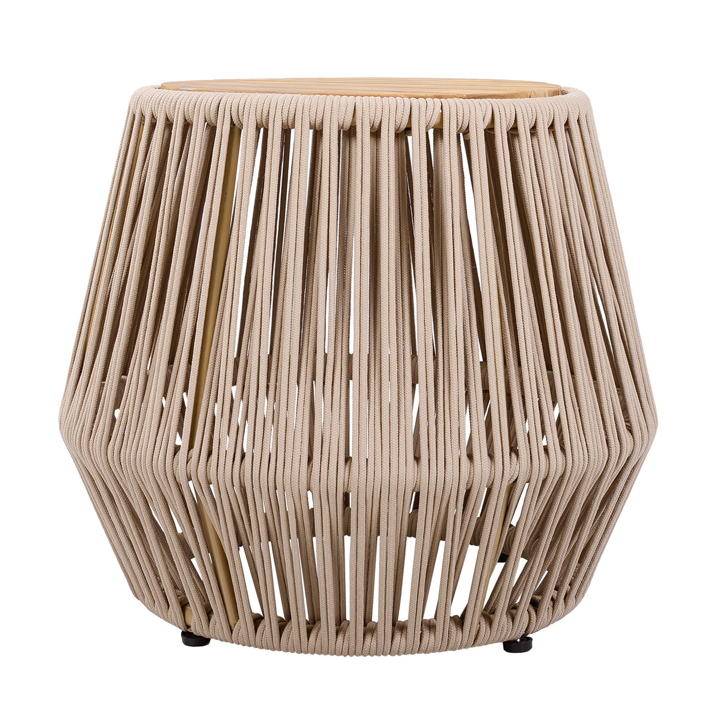 Acacia Wood Side Table with Beige Rope Base - Light Teak Finish, Modern Coastal Accent for Patio, Garden, Balcony & Indoor Use