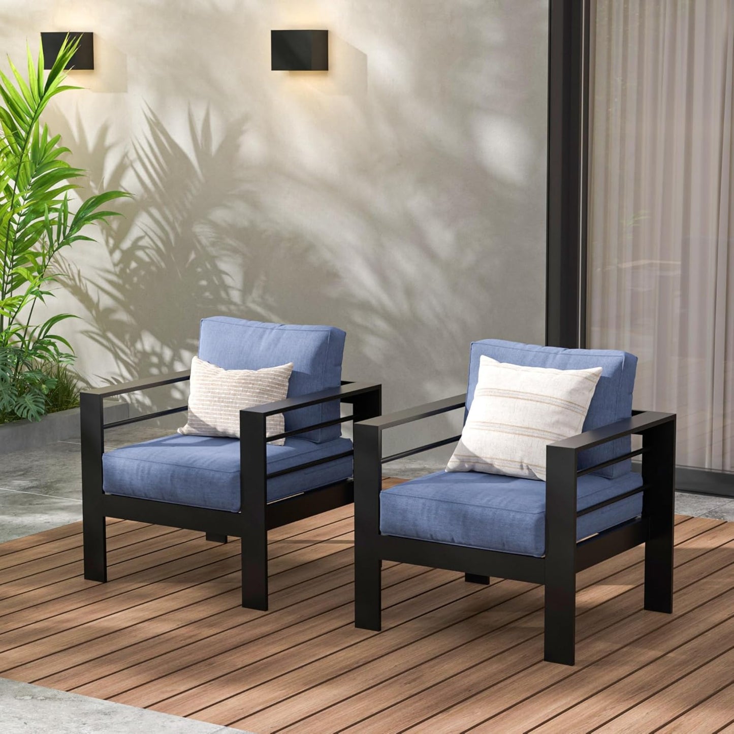 2-Pack 28" All-Weather Aluminum Patio Armchairs with Thick Blue Cushions & Black Frame