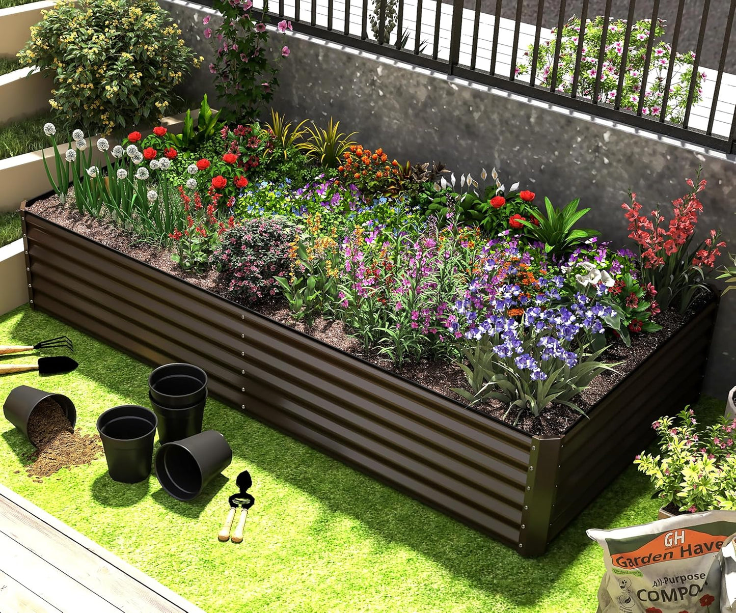 6x3x1.5ft Galvanized Raised Garden Bed, Outdoor Planter Garden Boxes Large Metal Planter Box for Gardening Vegetables Fruits Flowers, Brown