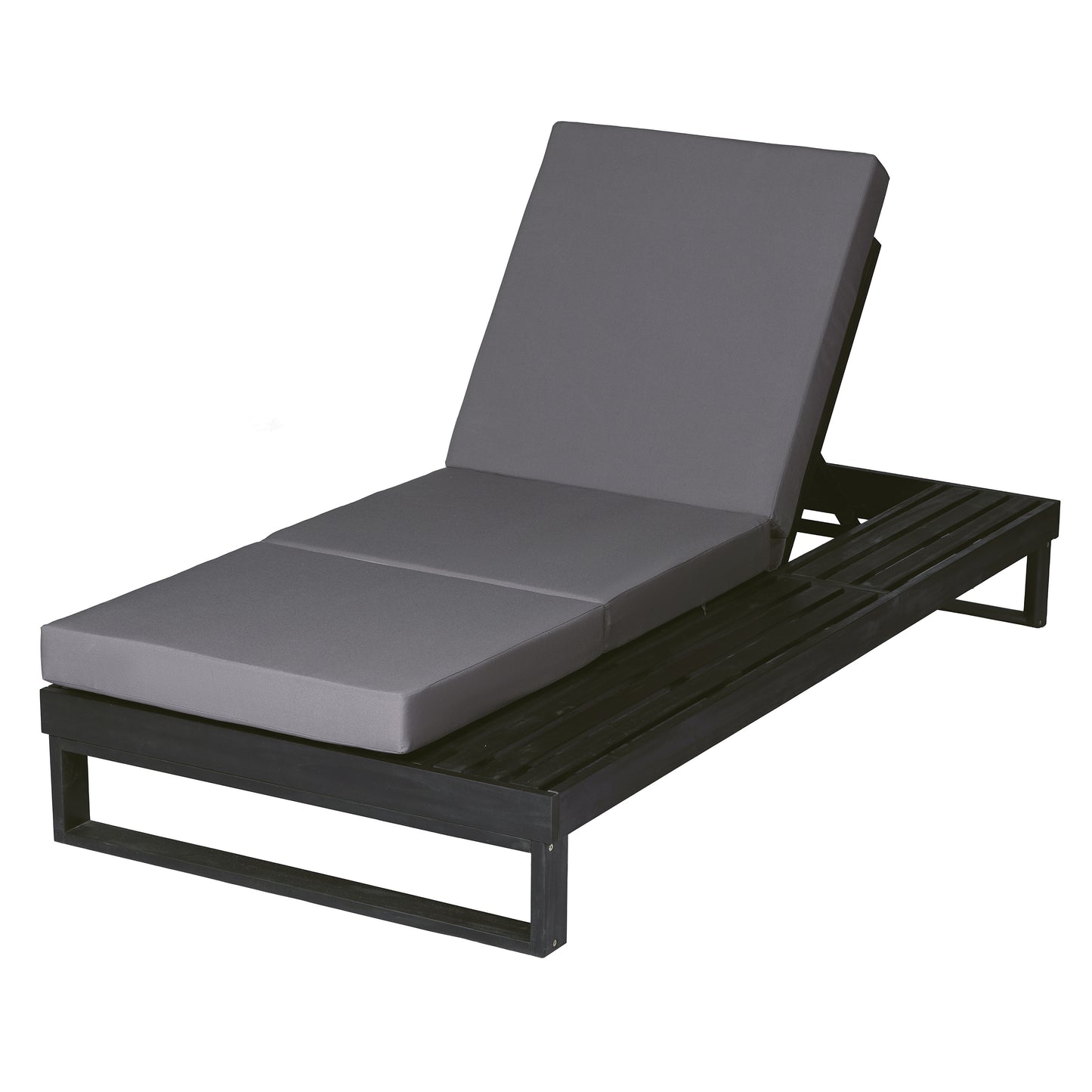 Black Acacia Wood Chaise Lounge with 4-Inch Dark Grey 3-Fold Cushion Set, 4-Position Adjustable Outdoor Patio Lounger with Flat Side Surface, for Poolside- Matching cream version available