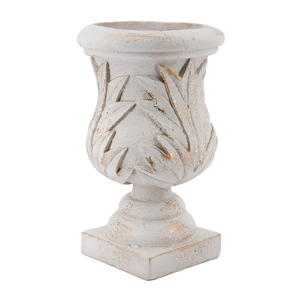 10.2x10.2x16.9" Ornate Magnesium Urn Planter with Antique White Finish and Carved Leaf Details
