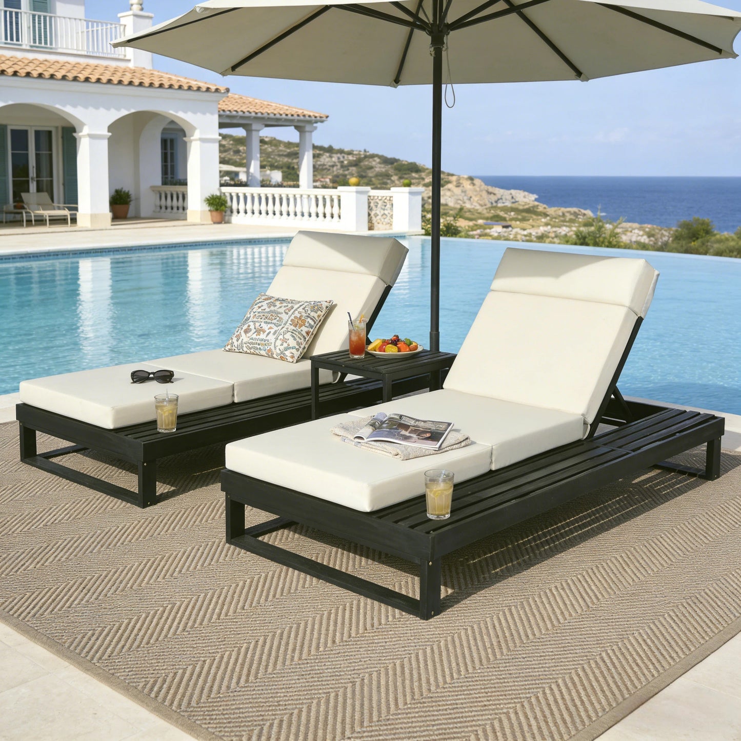 Black Acacia Wood Chaise Lounge with 4-Inch Beige 4-Fold Cushion Set, Adjustable Outdoor Patio Lounger with Flat Side Surface, for Poolside- Matching cream,dark gray version available