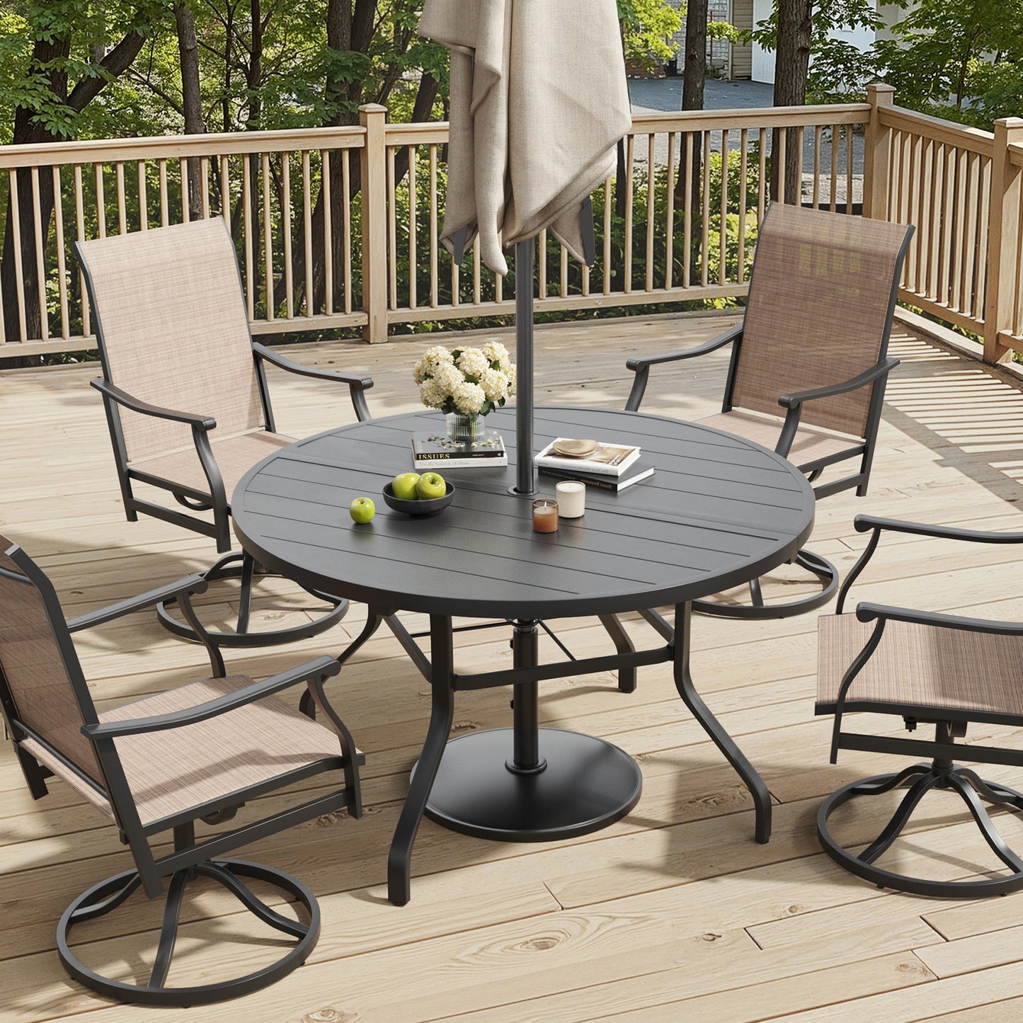 Round Outdoor Patio Dining Table, 47" Round Patio Table Wood-Like Grain with 1.57" Umbrella Hole, Metal Outdoor Dining Tables for Backyard and Poolside