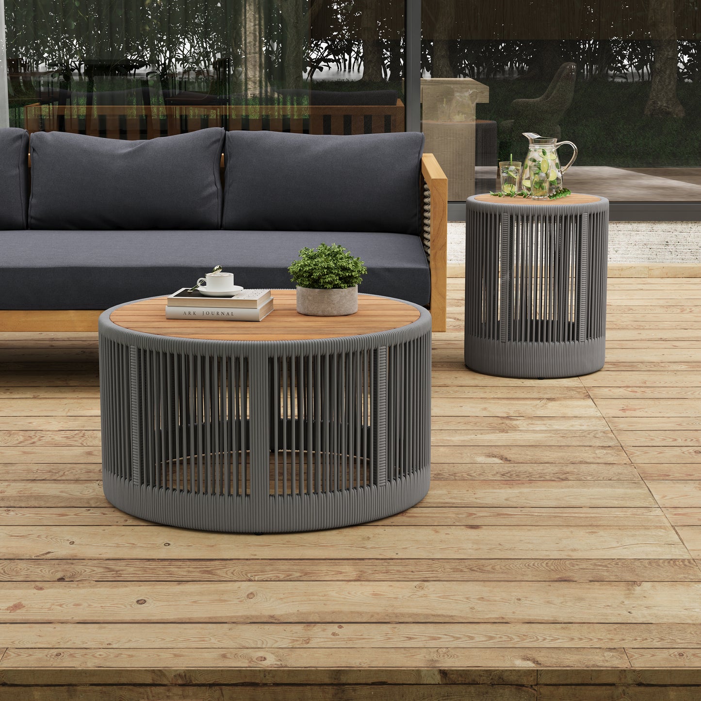Rustic Industrial Table Set,Coffee Table & Side Table with Woven Rope Design, Modern Functionality Stylish Table Set for Living Room and Home Decor-Rope Grey