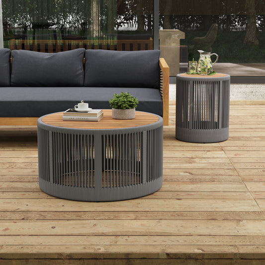 Rustic Industrial Table Set,Coffee Table & Side Table with Woven Rope Design, Modern Functionality Stylish Table Set for Living Room and Home Decor-Rope Grey