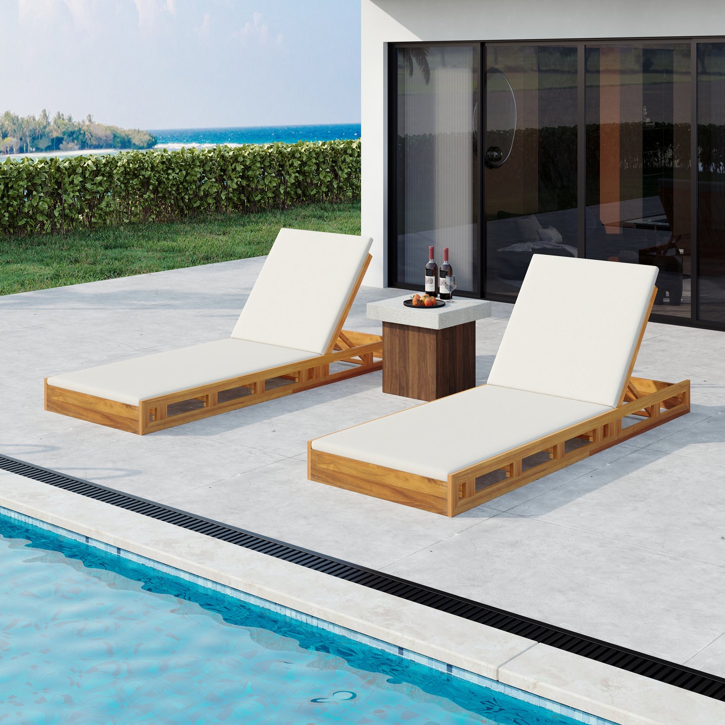 LOUNGE CHAISE SET,ACACIA WOOD WITH WATER-RESISTANT LOUNGE CUSHIONS (CREAM & 2 INCH THICK) - MATCHING DARK GREY/LEAF COCONUT VERSION AVAILABLE