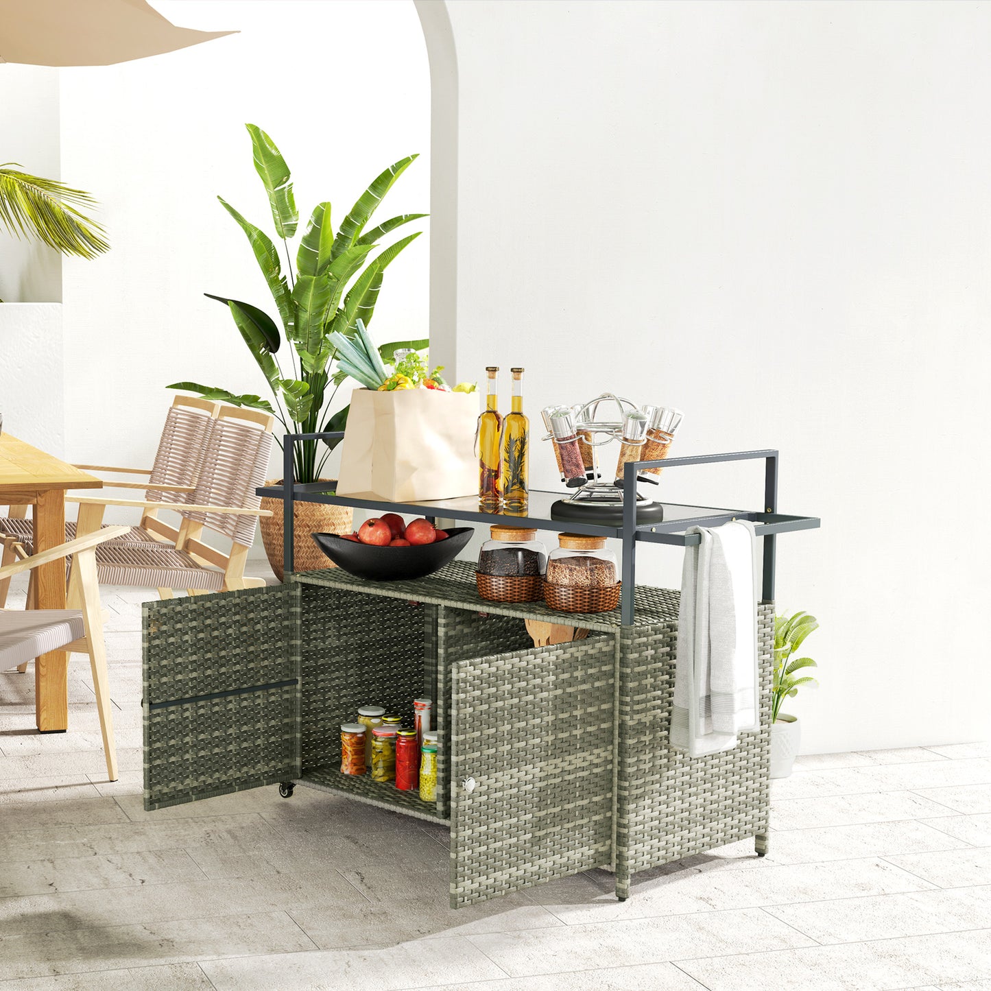 Outsunny Wicker Outdoor Bar Table with 2-Tier Shelf & Cabinet, Mixed Gray