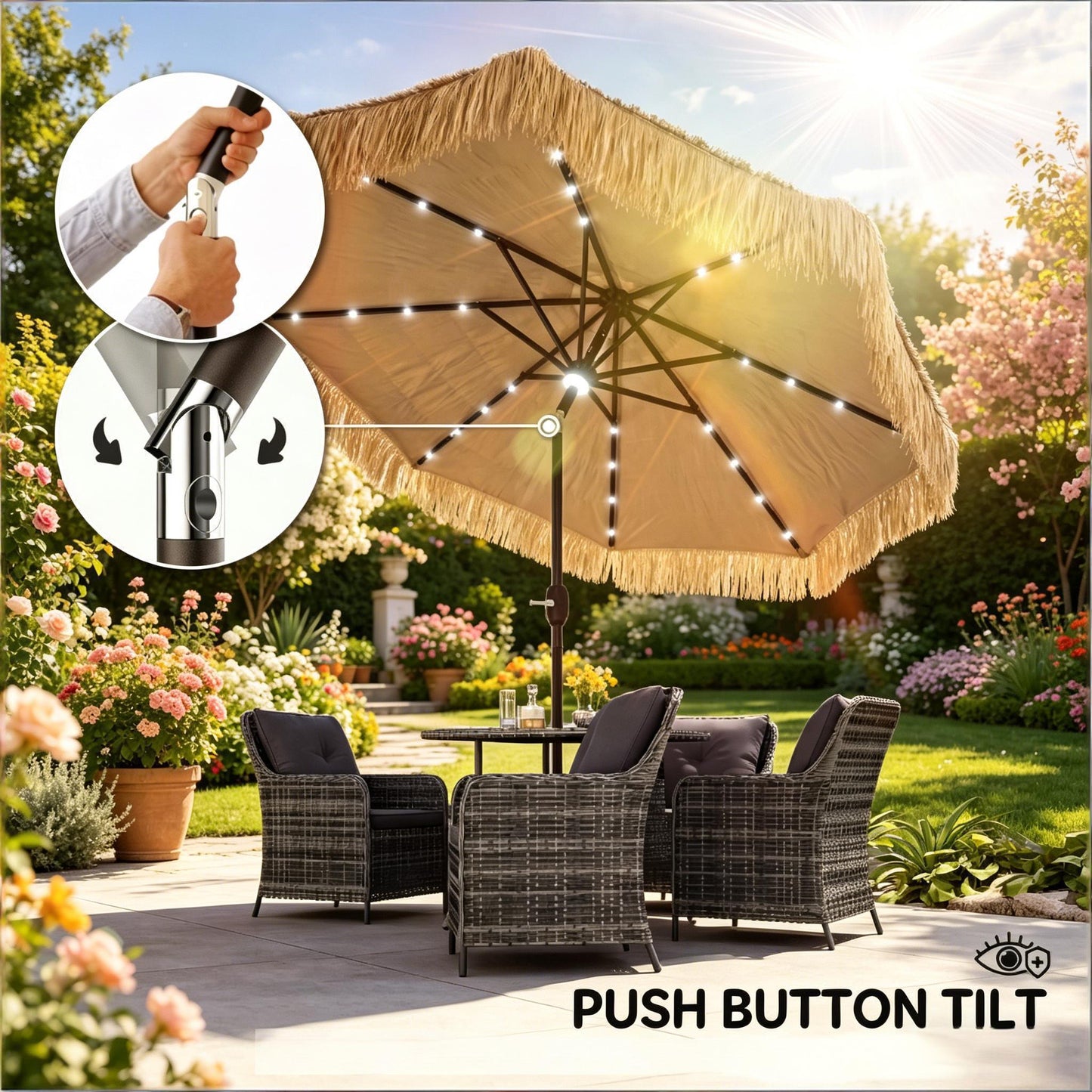 Straw Tassel Design Garden Umbrella,Hawaiian Style Outdoor Umbrella,Patio Umbrella with Solar Powered LED Light(Only Umbrella)
