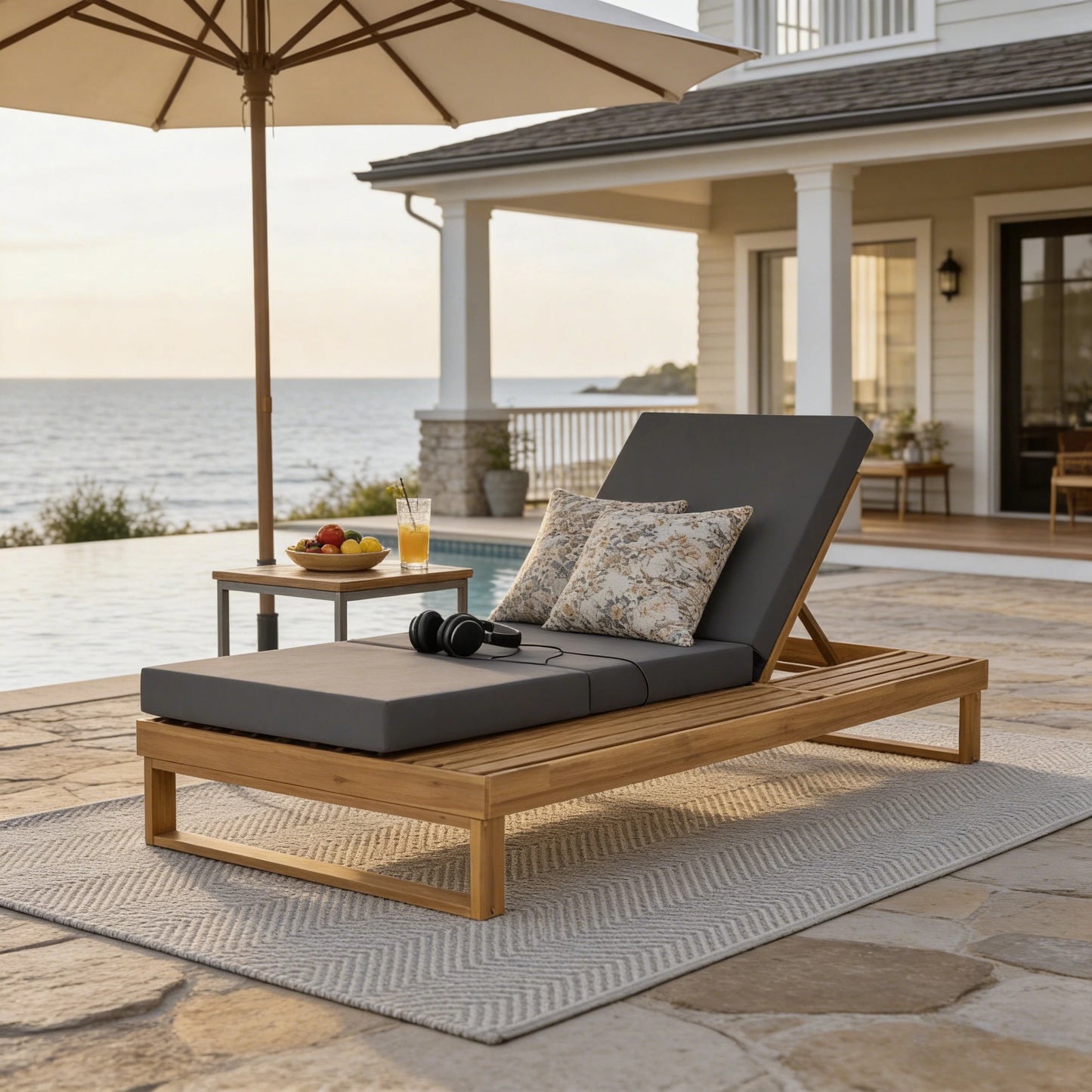 Teak Finish Acacia Wood Chaise Lounge with 4-Inch Dark Grey 3-Fold Water-Resistant Cushion Set, 4-Position Adjustable Outdoor Patio Lounger with Flat Side Surface- Matching cream version available