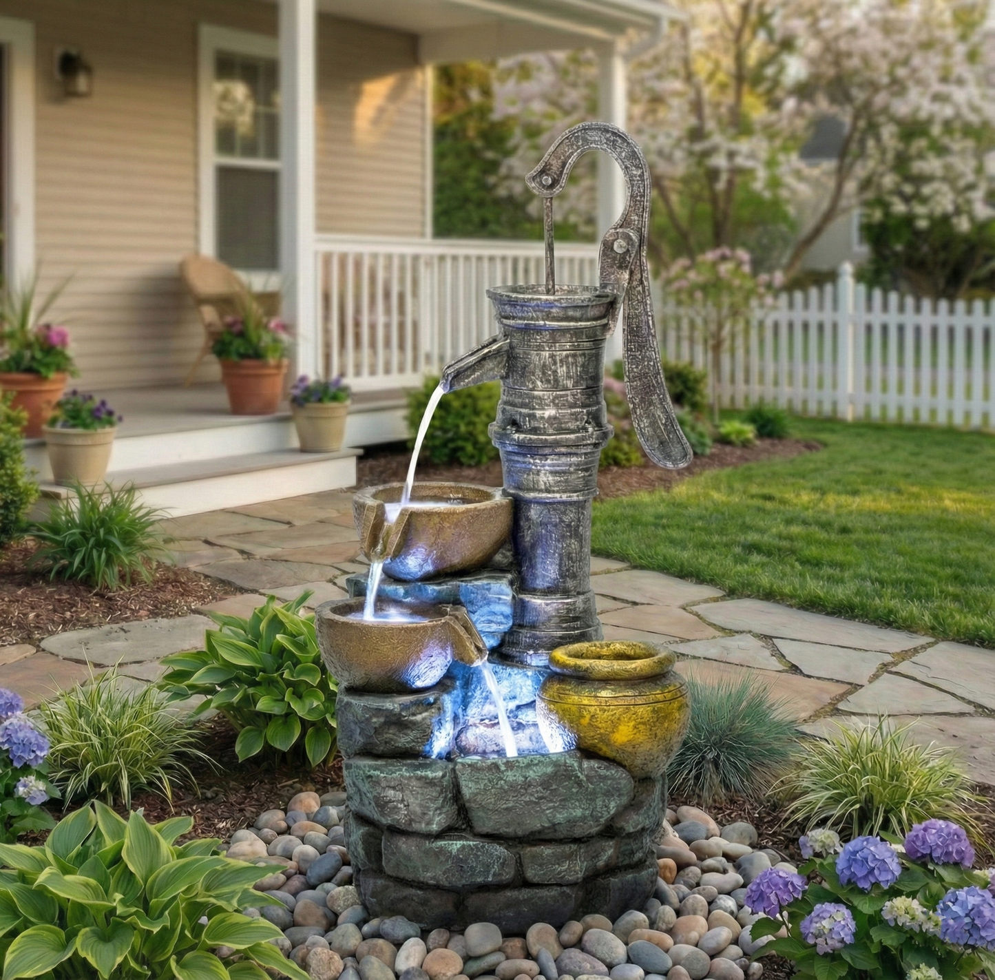32" H Large Outdoor Fountains with Vintage Pump Ideal for Patio Yards Outdoor Gardens and Home Art Decor Crafted from Weather-Resistant Materials for Year-Round Use