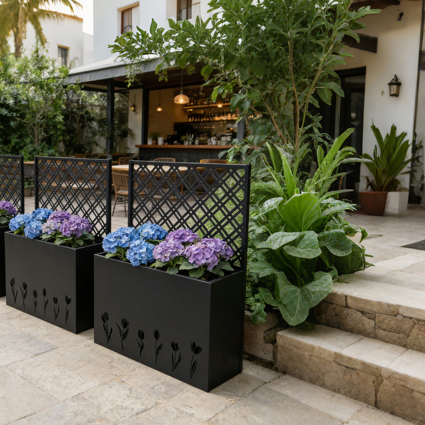 Tall Metal Planter Raised Garden Bed with Trellis 35.5in L x 11.9in W x 47.3in H - Large Flower Box Privacy Screen for Porch, Patio, Garden, Commercial Décor, Tulip Black