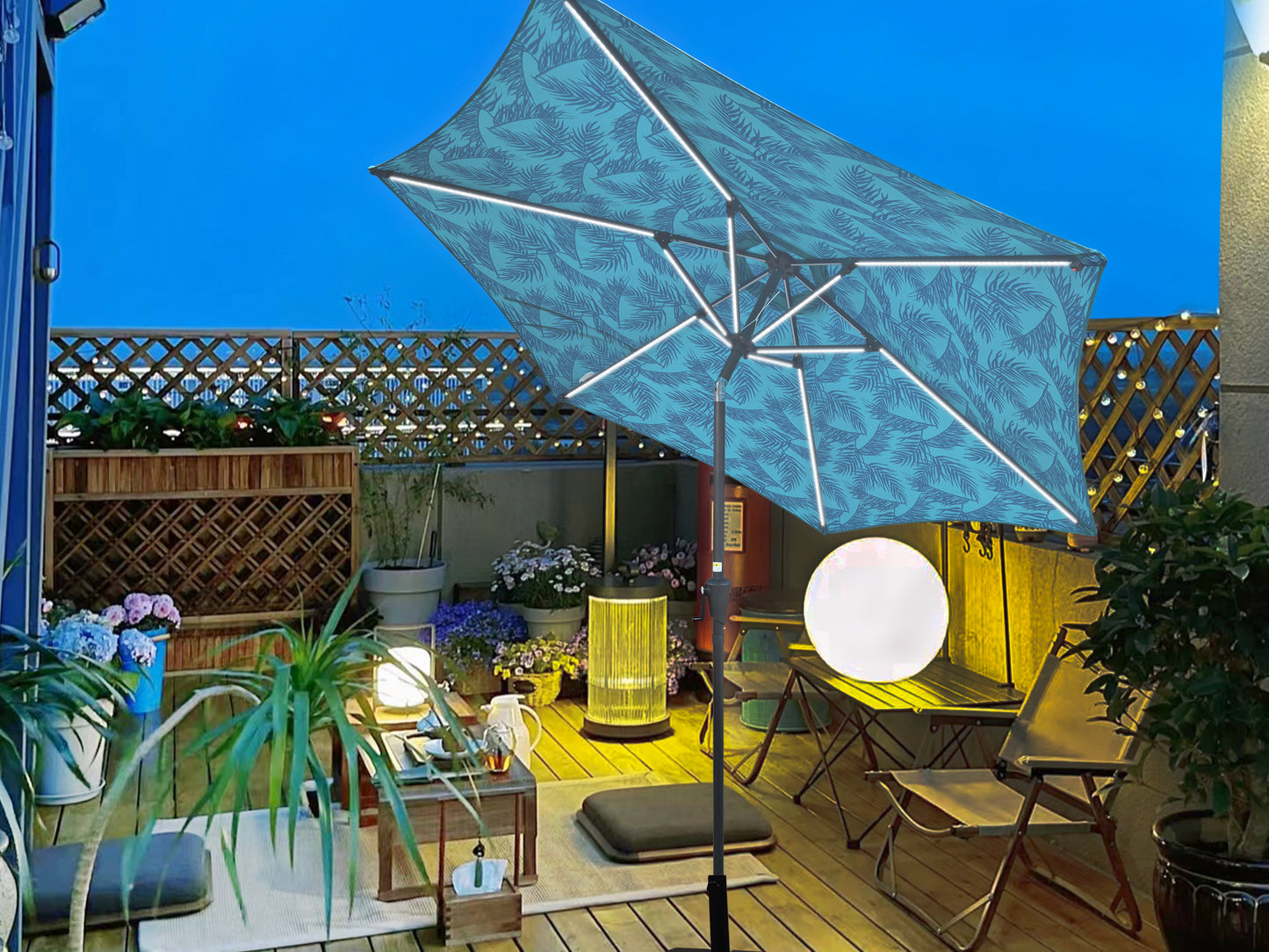 9FT UMBRELLA WITH LIGHT Pattern + Cyan