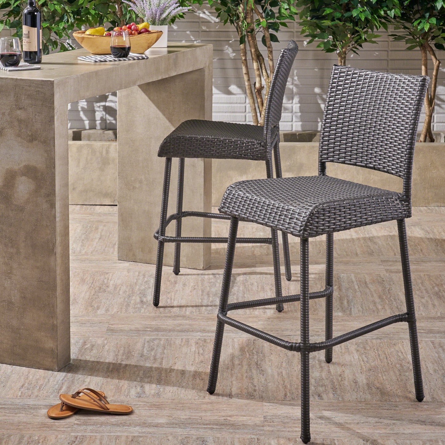 29" Outdoors PE Rattan Armless Barstools, Set of 2, Grey