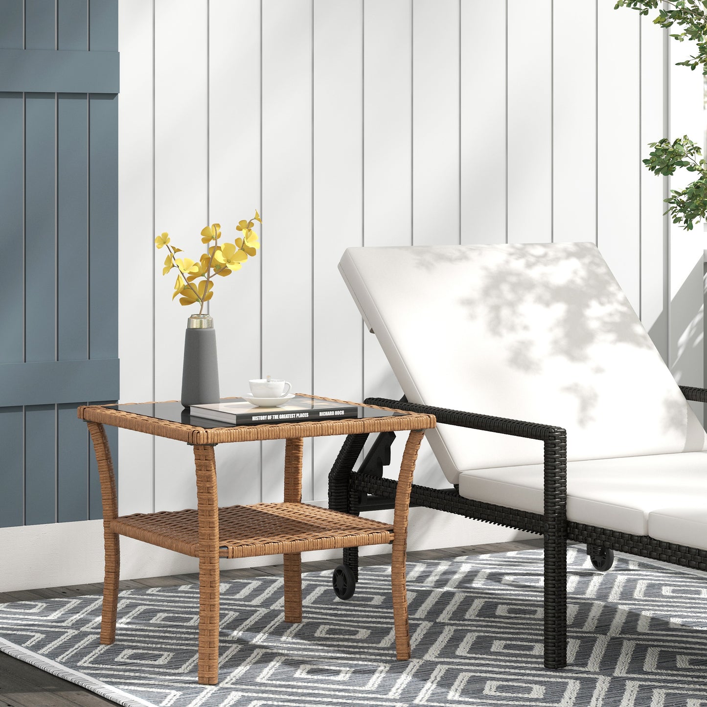 Outsunny Rattan Side Table, Outdoor End Table with Storage Shelf, Aluminum Frame Square, Coffee Table with Tempered Glass Top, Sand