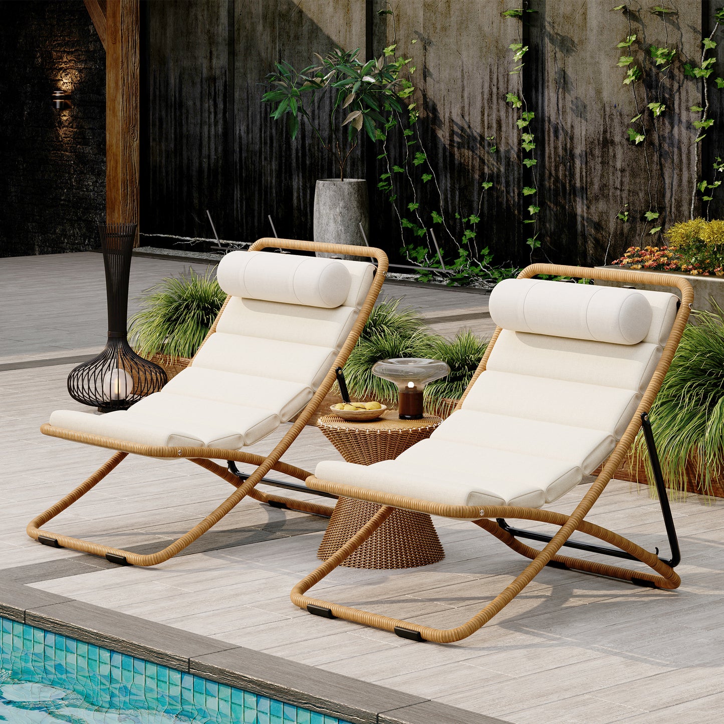TREXM 2-Pieces Outdoor Folding Chair, Rattan-Wrapped Patio Chair with Adjustable Backrest, Thick Cushion, and Detachable Headrest ,for the Poolside, Beach, Backyard, Decck, and Camping (Yellow)