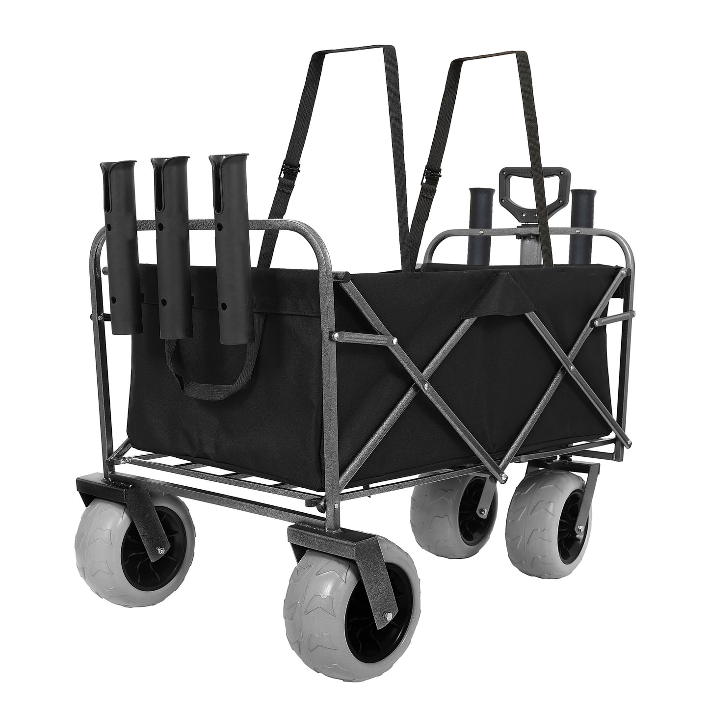 Fishing Cart with Rod Holders,Beach Wagon with Big Wheels for Sand 500lbs Capacity - All Terrain Steel Frame Utility Cart with 9" Pneumatic Tires,Strap with multiuse Bag,Black