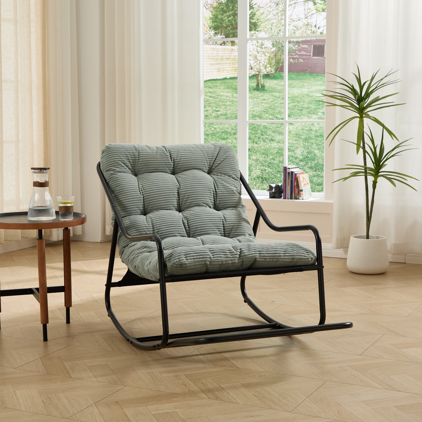 Outdoor Rocking Chair, Comfy Cushion, with Soft Thick Cushion,for Living Room, Bedroom, Reading Room, Black Frame with Light green Cushion