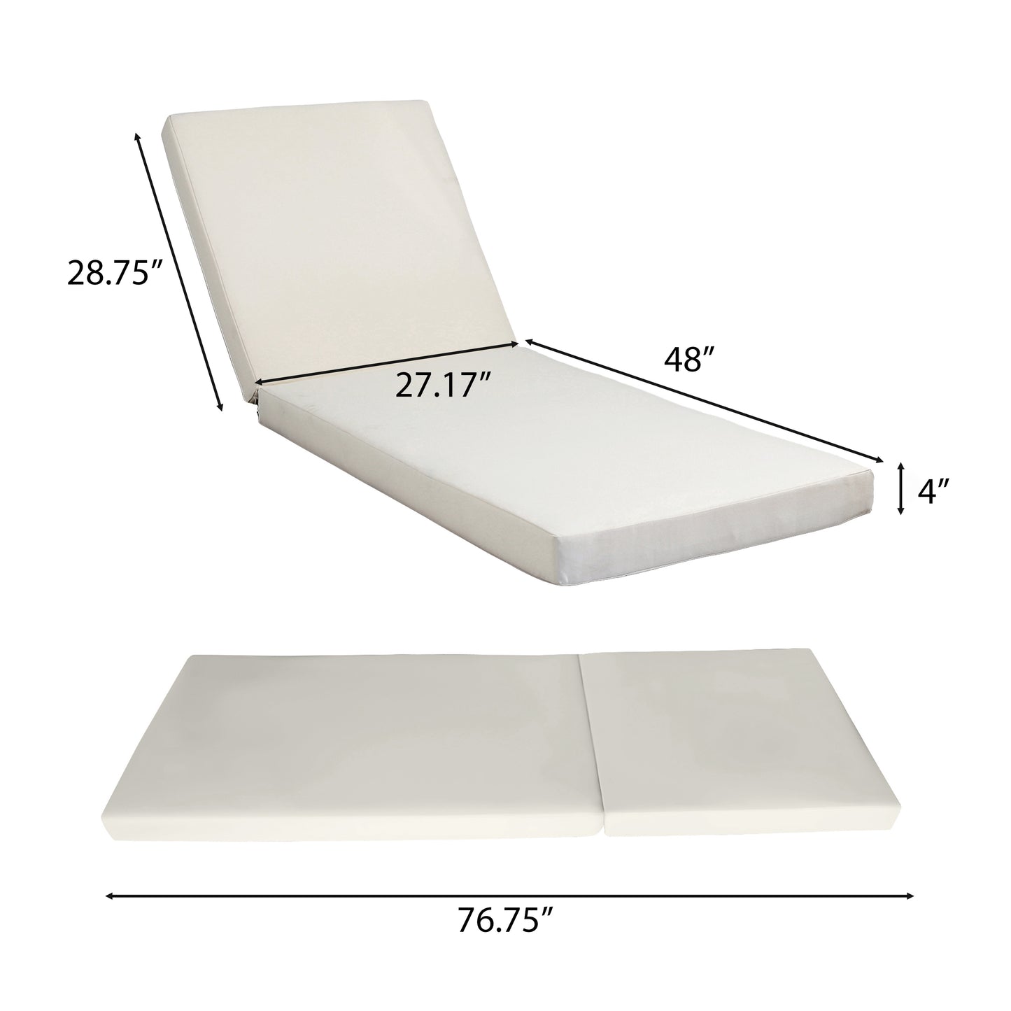 Black Acacia Wood Chaise Lounge with 4-Inch Cream 2-FoldCushion Set, 4-Position Adjustable Outdoor Patio Lounger with Flat Side Surface, for Poolside- Matching dark  grey version available