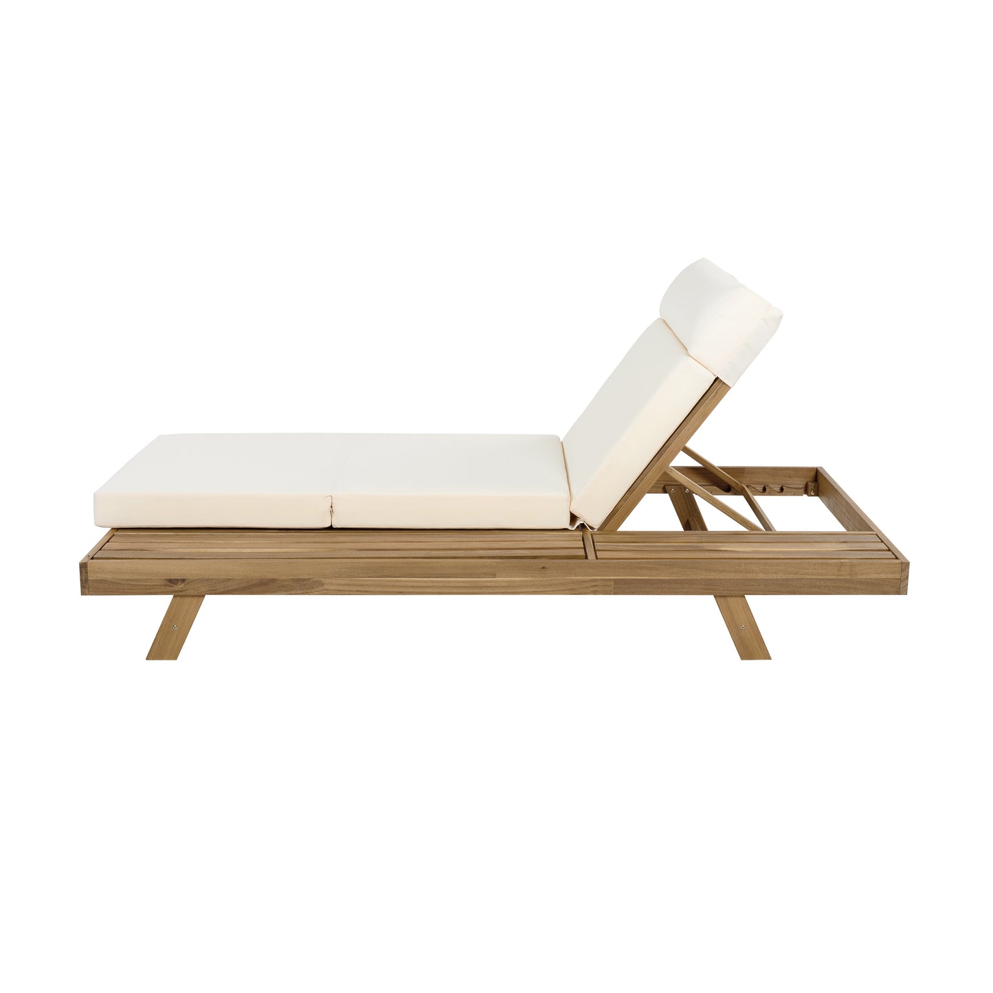 Lounge Chaise Set With Headrest, Space Available On One Side, Acacia Wood In light brown With Water-Resistant Lounge Cushions (Beige & 3-Fold & 4 Inch) – Matching Dark Grey/Cream Version Available