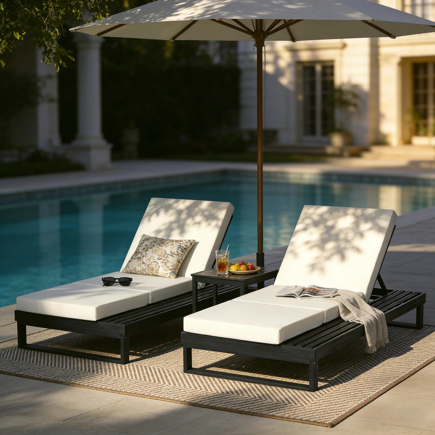 Black Acacia Wood Chaise Lounge with 4-Inch Cream 3-Fold Cushion Set, 4-Position Adjustable Outdoor Patio Lounger with Flat Side Surface, for Poolside-Matching dark grey version available
