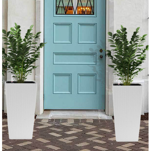 Outdoor Modern Faux Rattan Design Square Planter, Plastic Large Planter With Automatic Watering System For Home And Garden