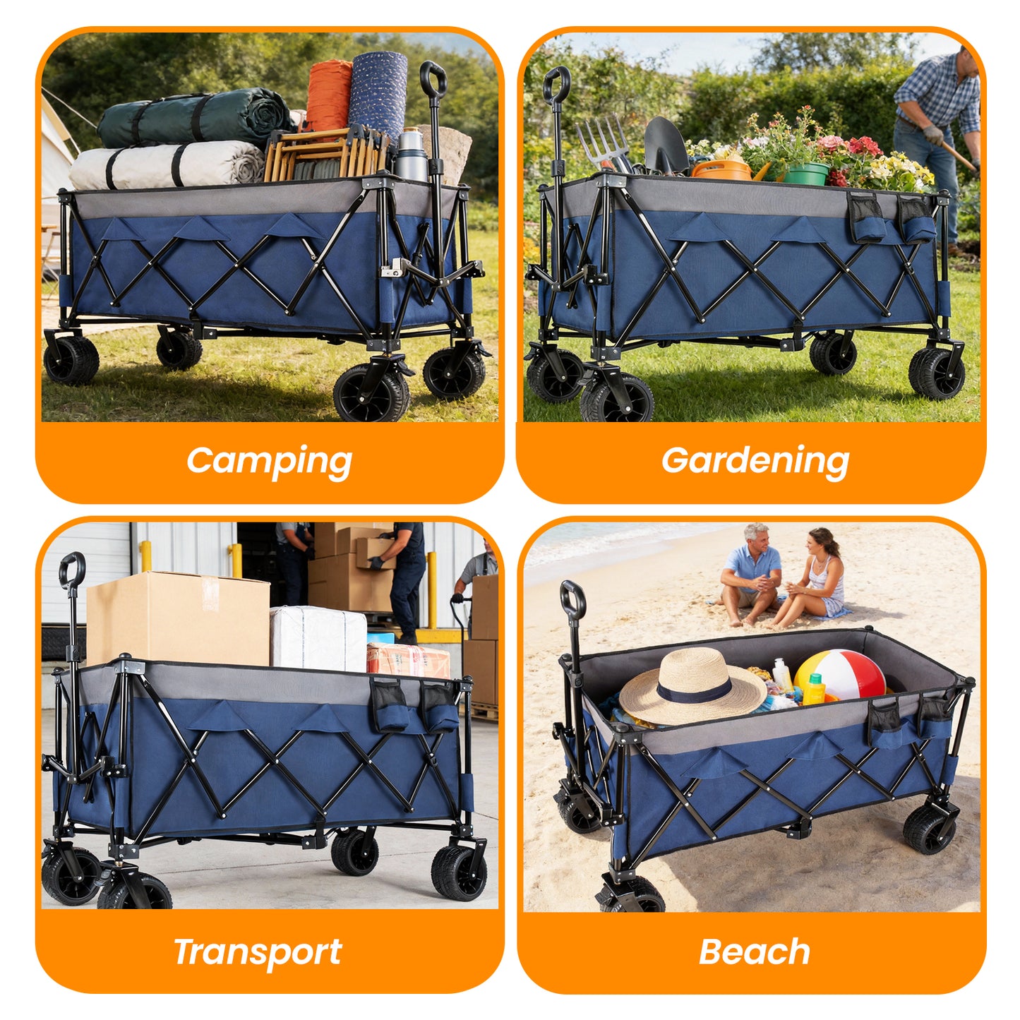 51-inch Extended Heavy-Duty Foldable Utility Wagon, 480lbs, Patented Ultra-Stable Frame, 1:6 Space-Saving Fold, Portable and Collapsible for Beach, Sports, and Garden Use,Dark blue-Gray