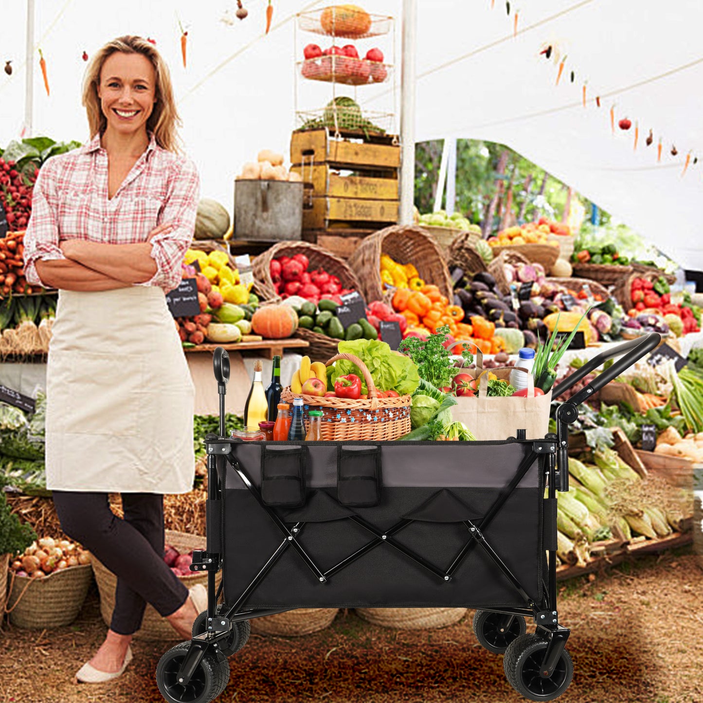 Multi-Functional Push-Pull Folding Wagon Cart with Rotating Handle & 360° All-Terrain Wheels – Heavy-Duty, Adjustable Design, Large Capacity for Transport, Groceries, and Outdoor Use, Black- Gray