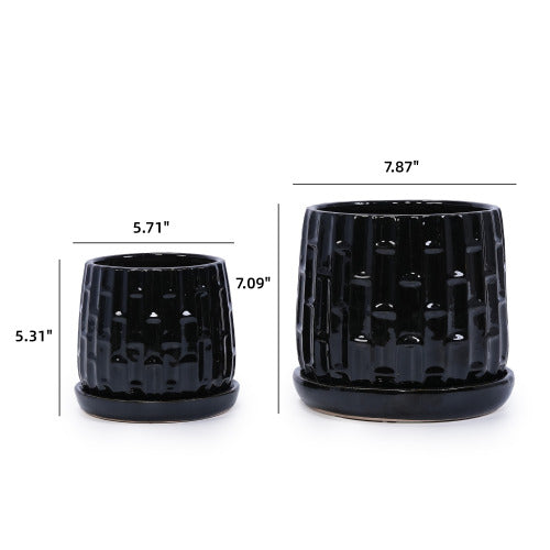 5 in. and 7 in. Black Garden Ceramic with Tray Planter (2-Pack)