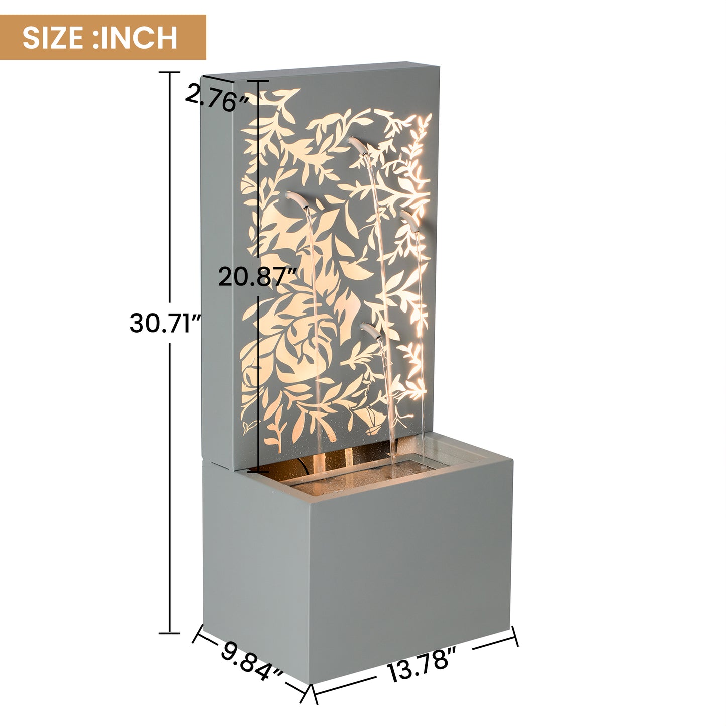 30.71"H Light Gray Metal Leaf Cutout Outdoor Water Wall Fountain with LED Lights, Modern Waterfall Feature for Patio Garden Backyard Decor