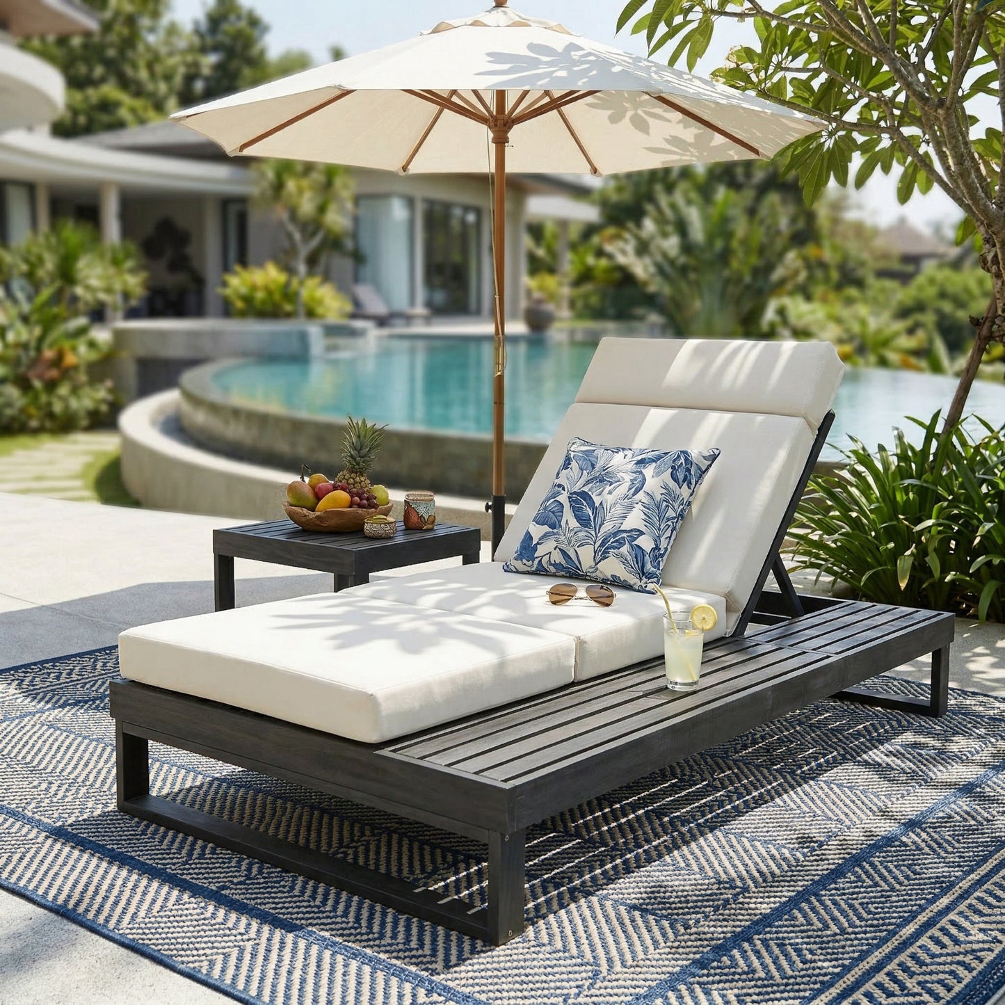 Black Acacia Wood Chaise Lounge with 4-Inch Beige 4-Fold Cushion Set, Adjustable Outdoor Patio Lounger with Flat Side Surface, for Poolside- Matching cream,dark gray version available