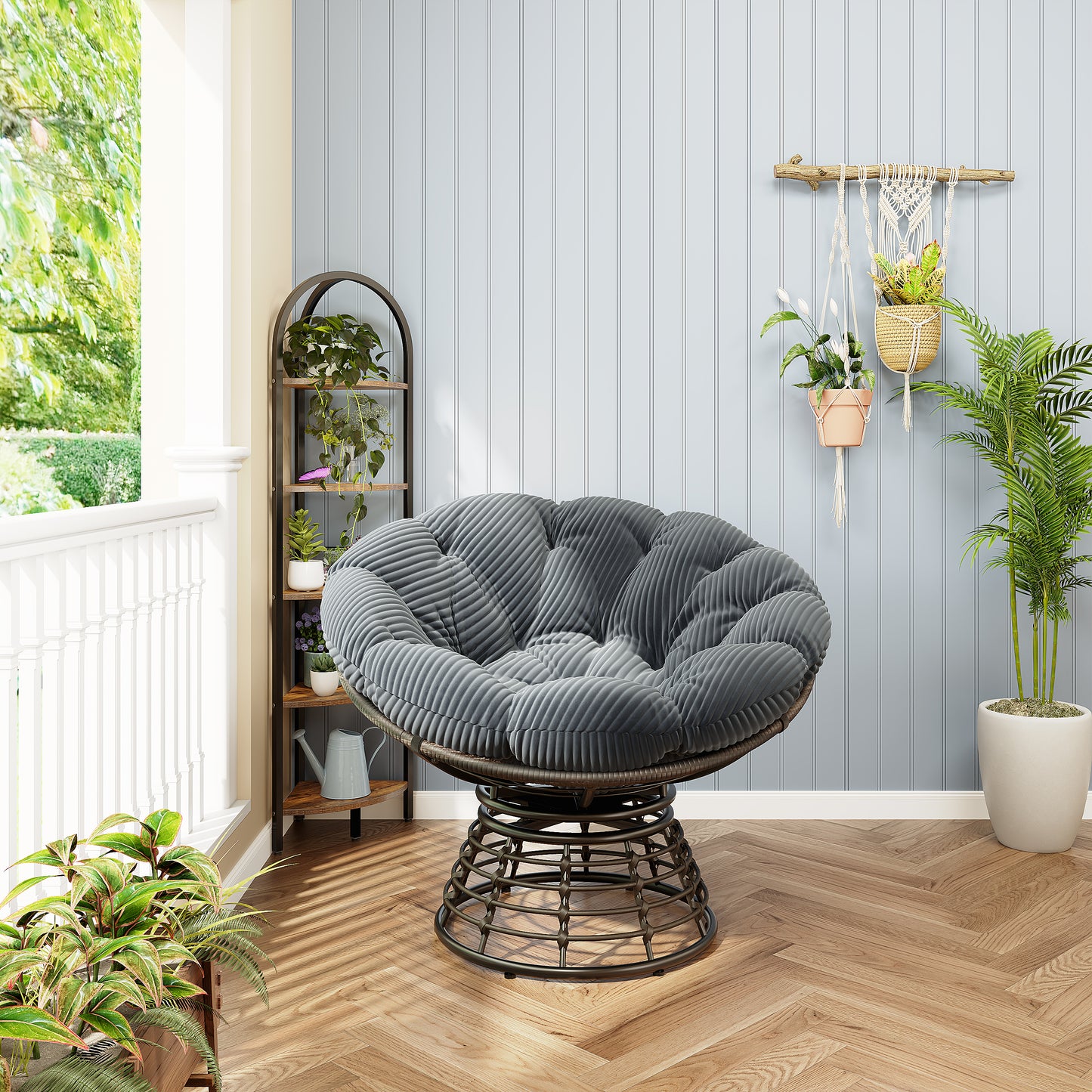 Comfortable Ergonomic Wicker Papasan Chair, 360° Swivel Indoor Outdoor Rattan Chair with Soft Thick Cushion, Ideal for Living Room, Bedroom, Reading Room, Brown Frame with Grey Cushion
