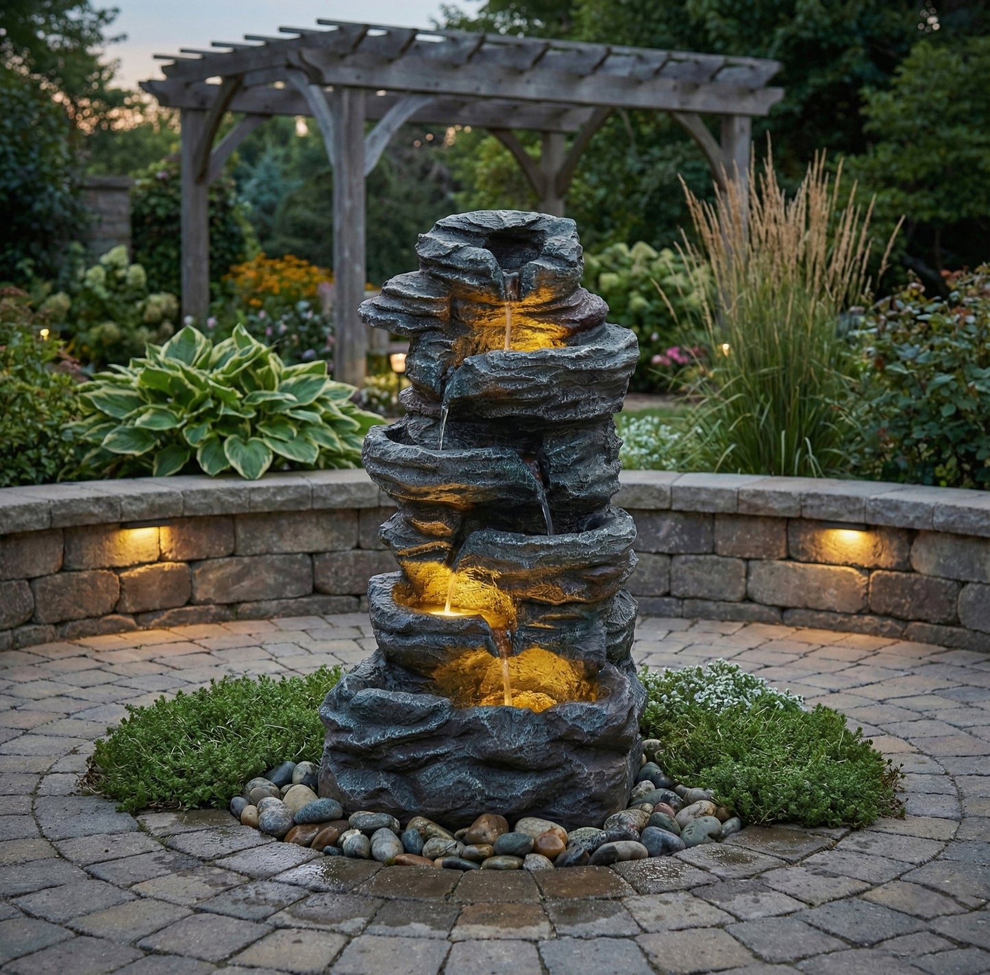 6-Tier Outdoor Cascading Stone Water Fountain with 3 LED Lights, Freestanding Led Fountain Decor for Garden, Patio, Yard & Deck, Natural Rock Appearance