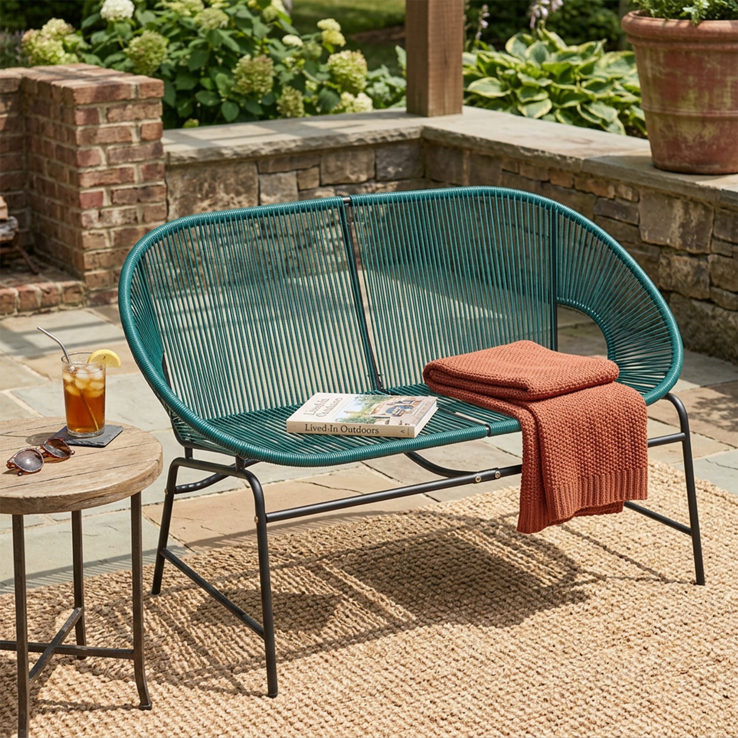 CONDESSA OUTDOOR PATIO WICKER LOVE SEAT, GREEN PE RATTAN & IRON FRAME, SET OF 1