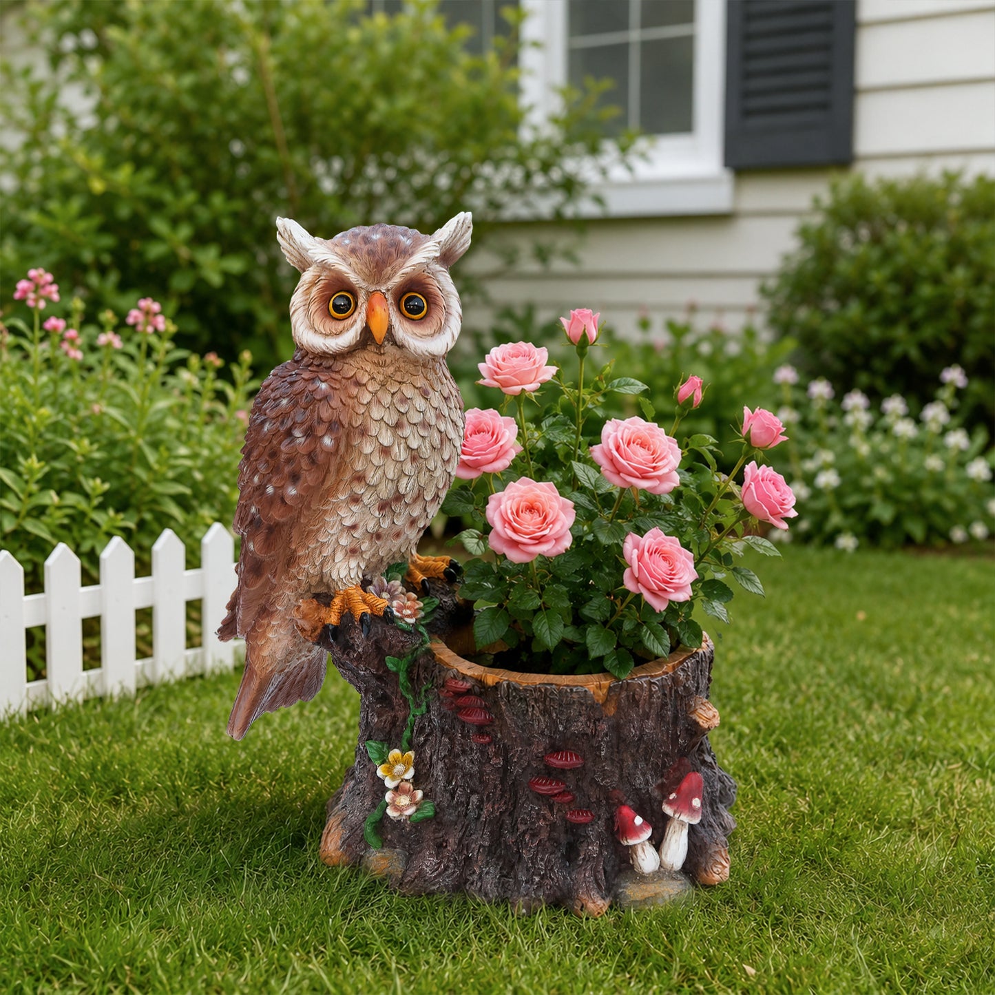 Sitting Owl with Tree Trunk Garden Planter - Rustic Polyresin Owl Figurine and Flower Pot Combo for Outdoor & Indoor Decor