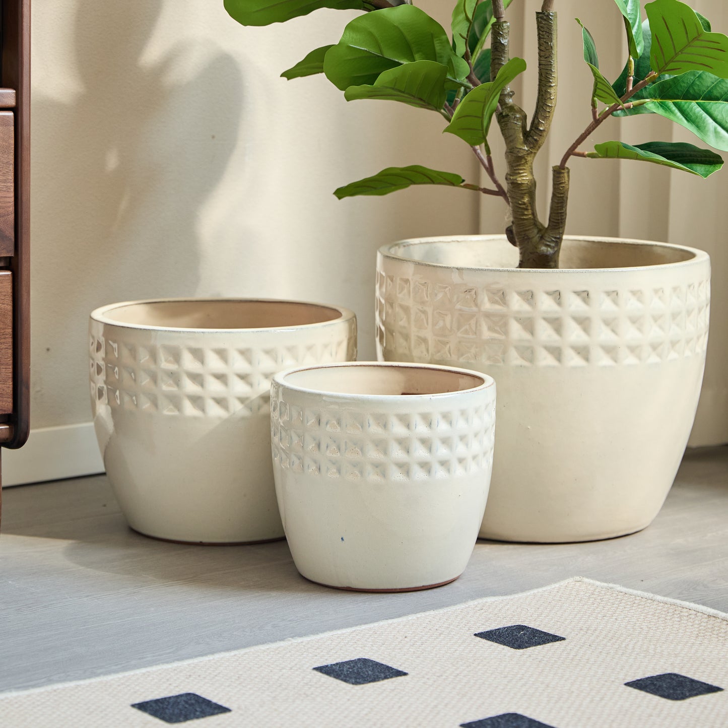 Handmade Ceramic Flower Pot Set of 3, 15/12/9 Inch Diameter, White Diamond Pattern, for Succulents Indoor/Outdoor Use on Windowsill & Bookshelf, Breathable Clay
