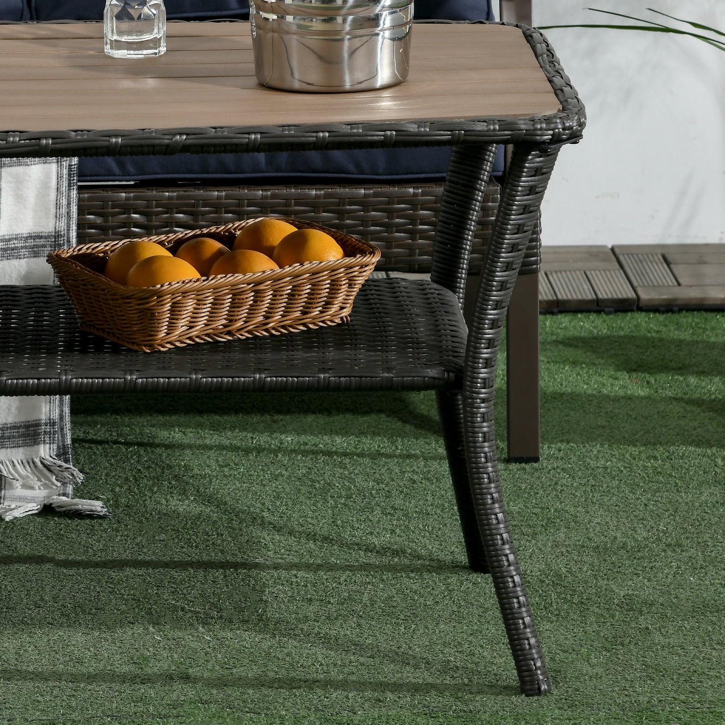 Outsunny Patio PE Rattan Coffee Table with Storage Shelf, Hand-Woven Wicker Outdoor Side Table, 2-Layer Storage Table with Wood-plastic Composite Top, for Garden, Porch, Backyard, Mixed Brown