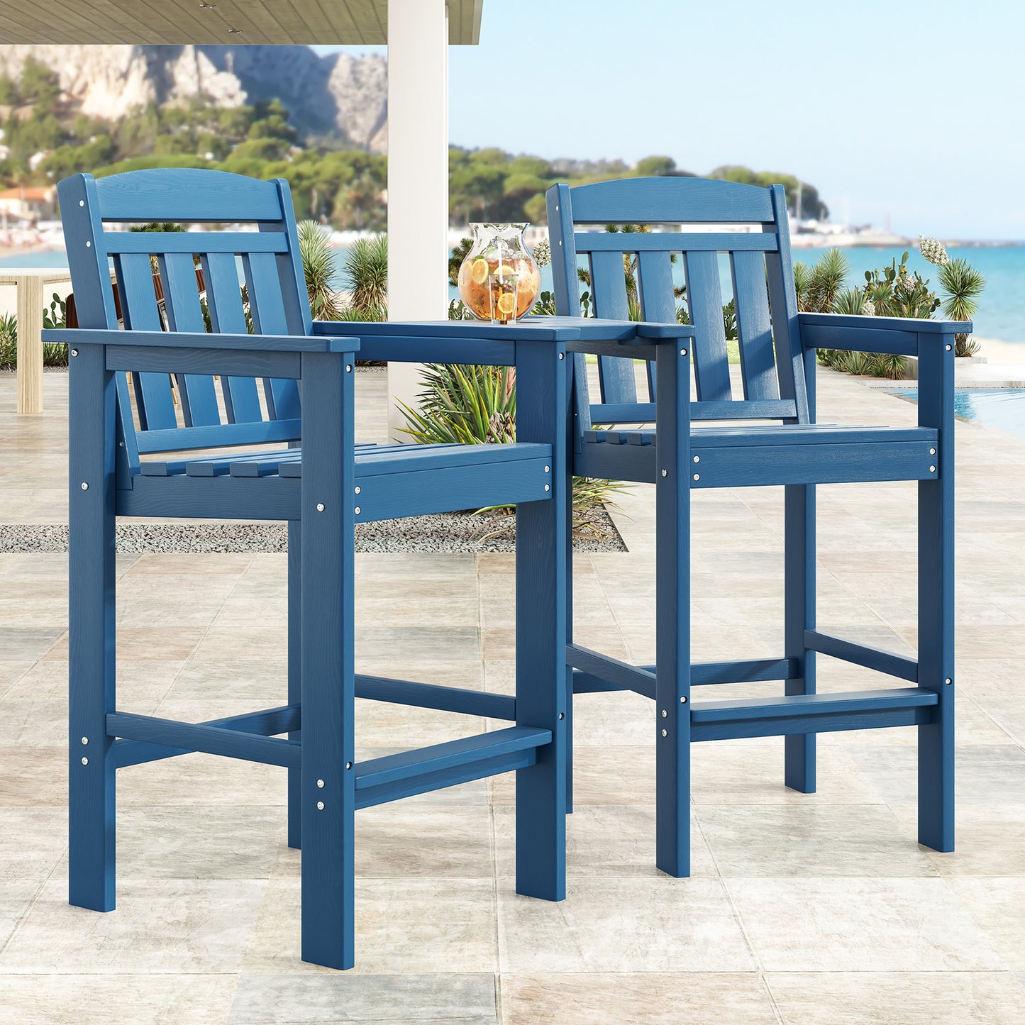 Tall Adirondack Chairs Set of 2, HDPE Adirondack Bar Stools with Connecting Tray, Bar Height Adirondack Chair Patio Barstool, Ideal All Weather Tall Patio Chair for Balcony, Poolside, Backyard