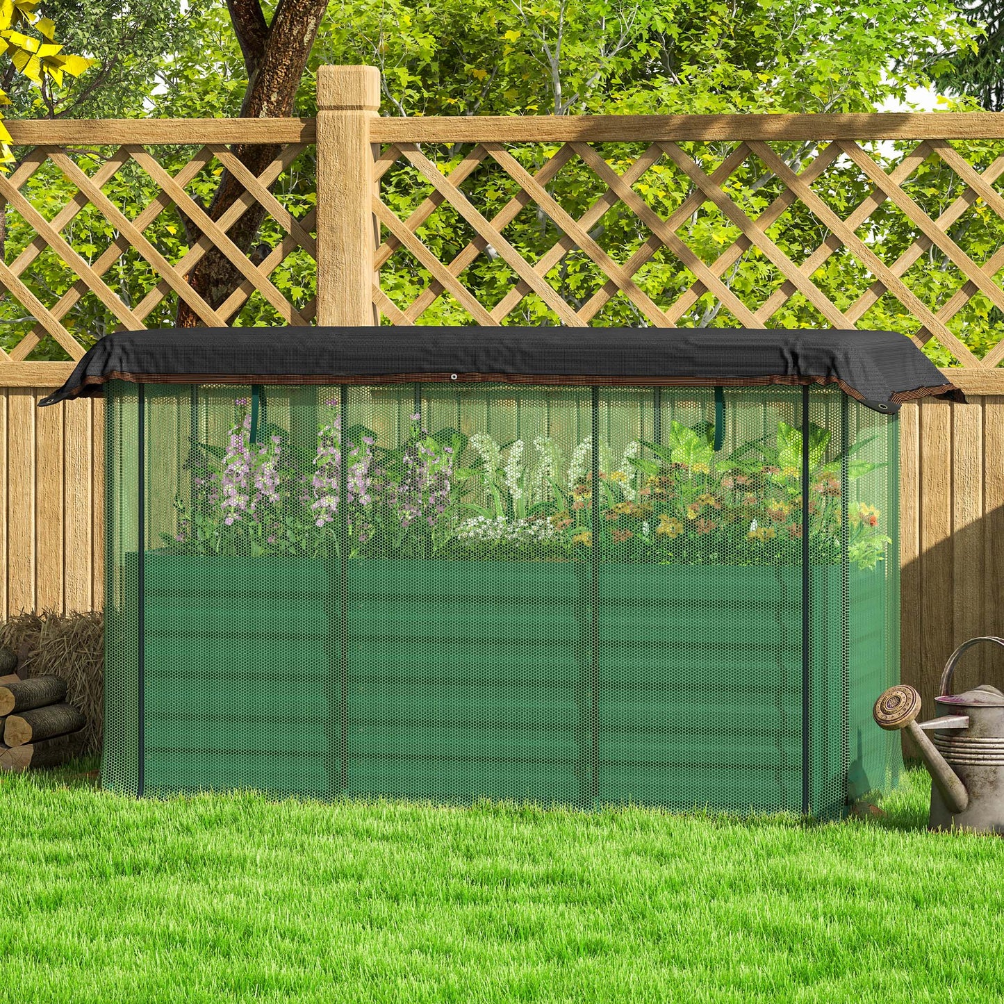 Outsunny Galvanized Raised Garden Bed, Planter Box with Crop Cage and Shade Cloth, Green