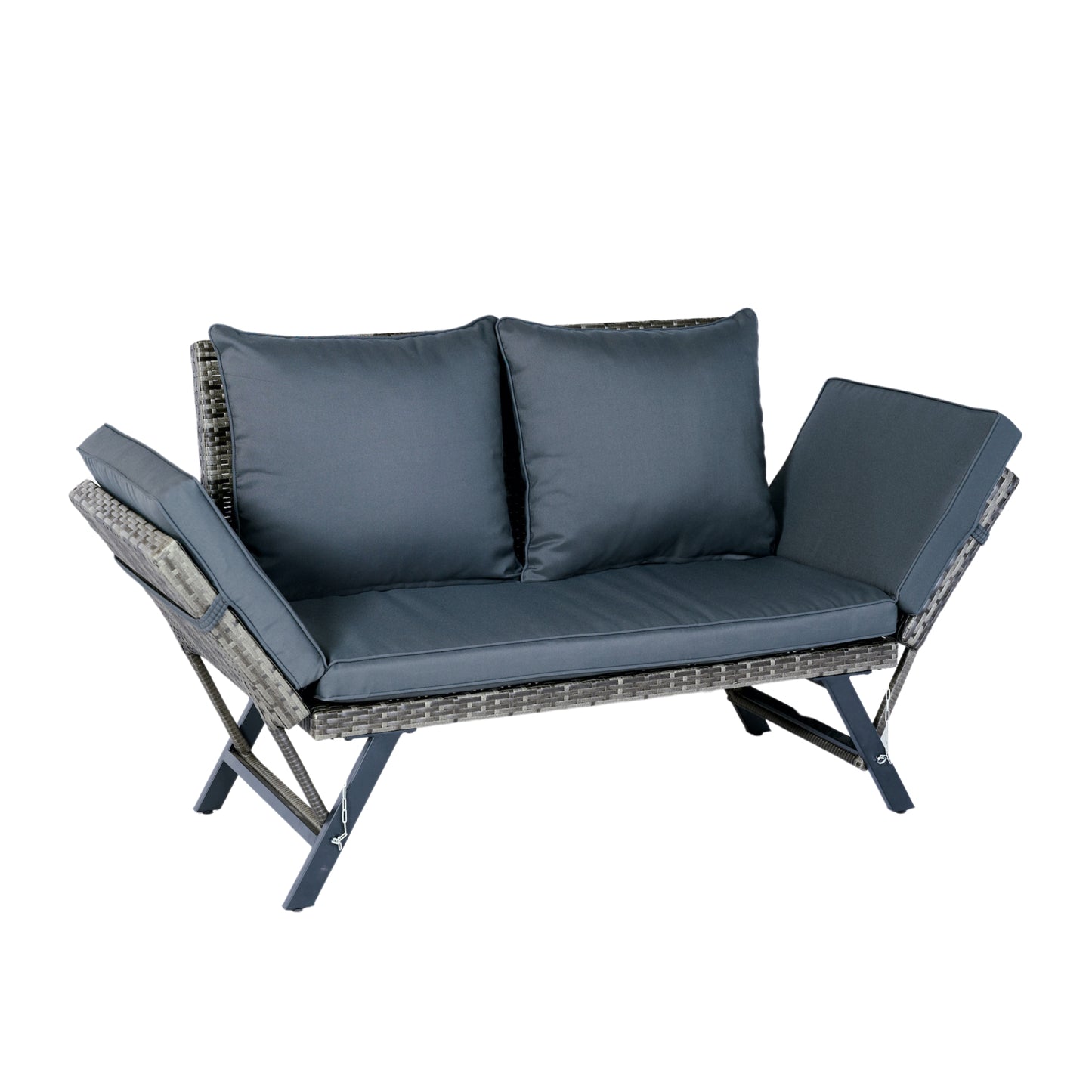 1 PCS Patio Wicker Side Foldable Bench Patio Backyard Conversation Bench Grey Wicker + Dark Grey Cushion