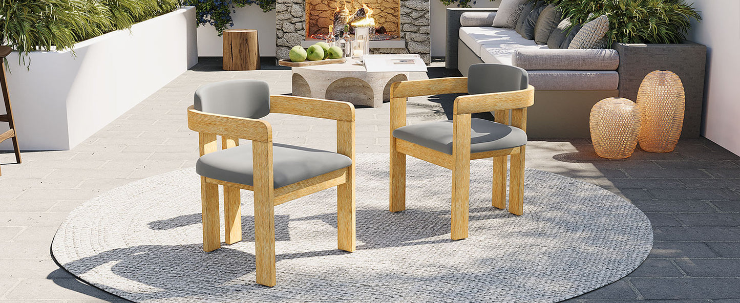 Set of 2 Outdoor Acacia Wood Dining Chairs with Cushions, Modern Solid Wood Armchairs with Weather-Resistant Upholstery for Patio, Garden, Balcony & Backyard,Grey Cushion
