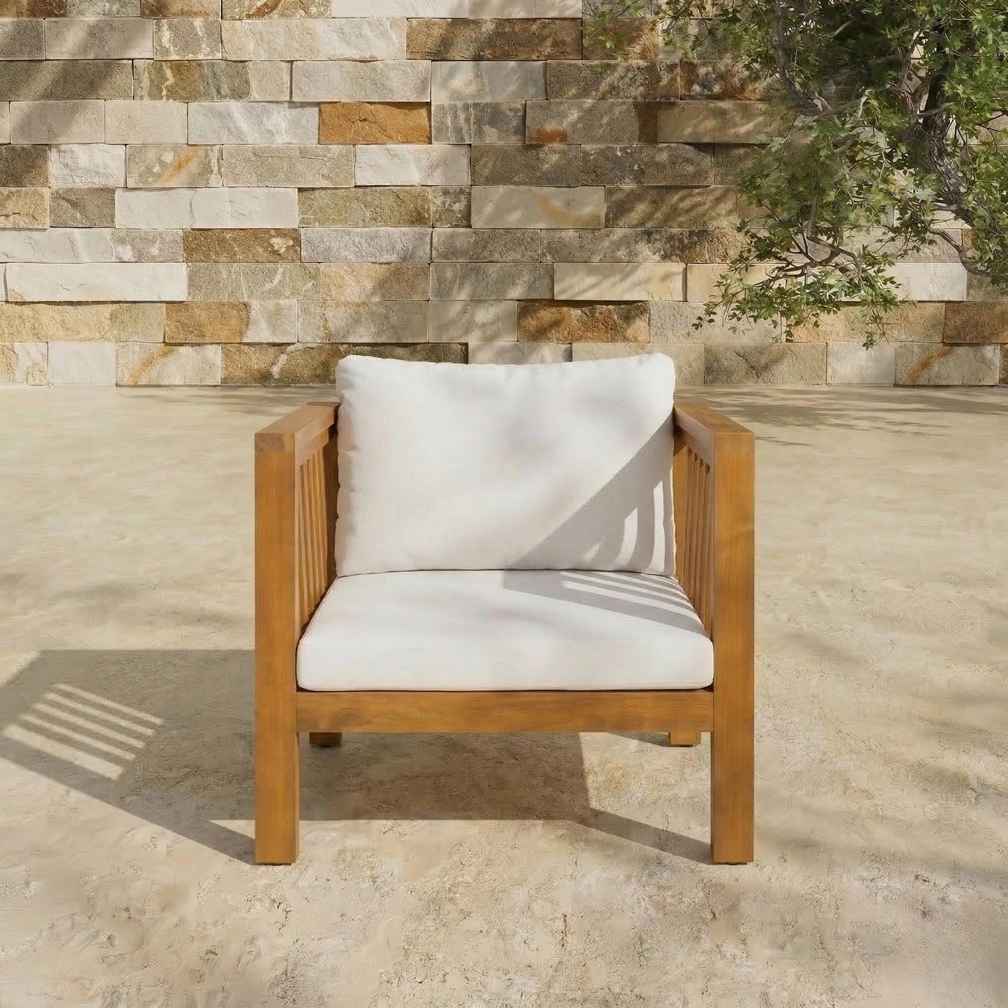 Outdoor Acacia Wood Club Chair with Modern Square Arms, Patio Chair with Thick Cushion, Adjustable Leveling Feet for Poolside, Backyard & Deck, Beige Cushion