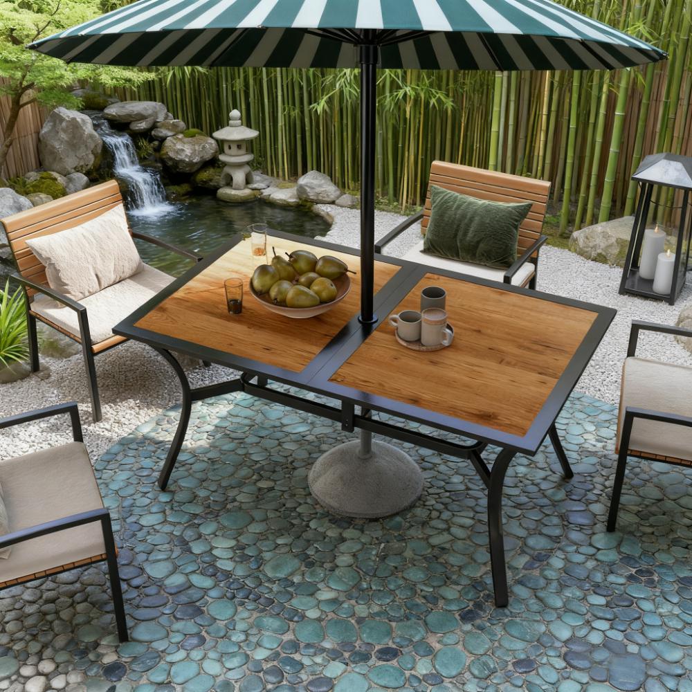 Stable Faux Wood Rectangle Outdoor Dining Table,Rectangle Outdoor Dining Table,Rectangular Patio Table with Umbrella Hole