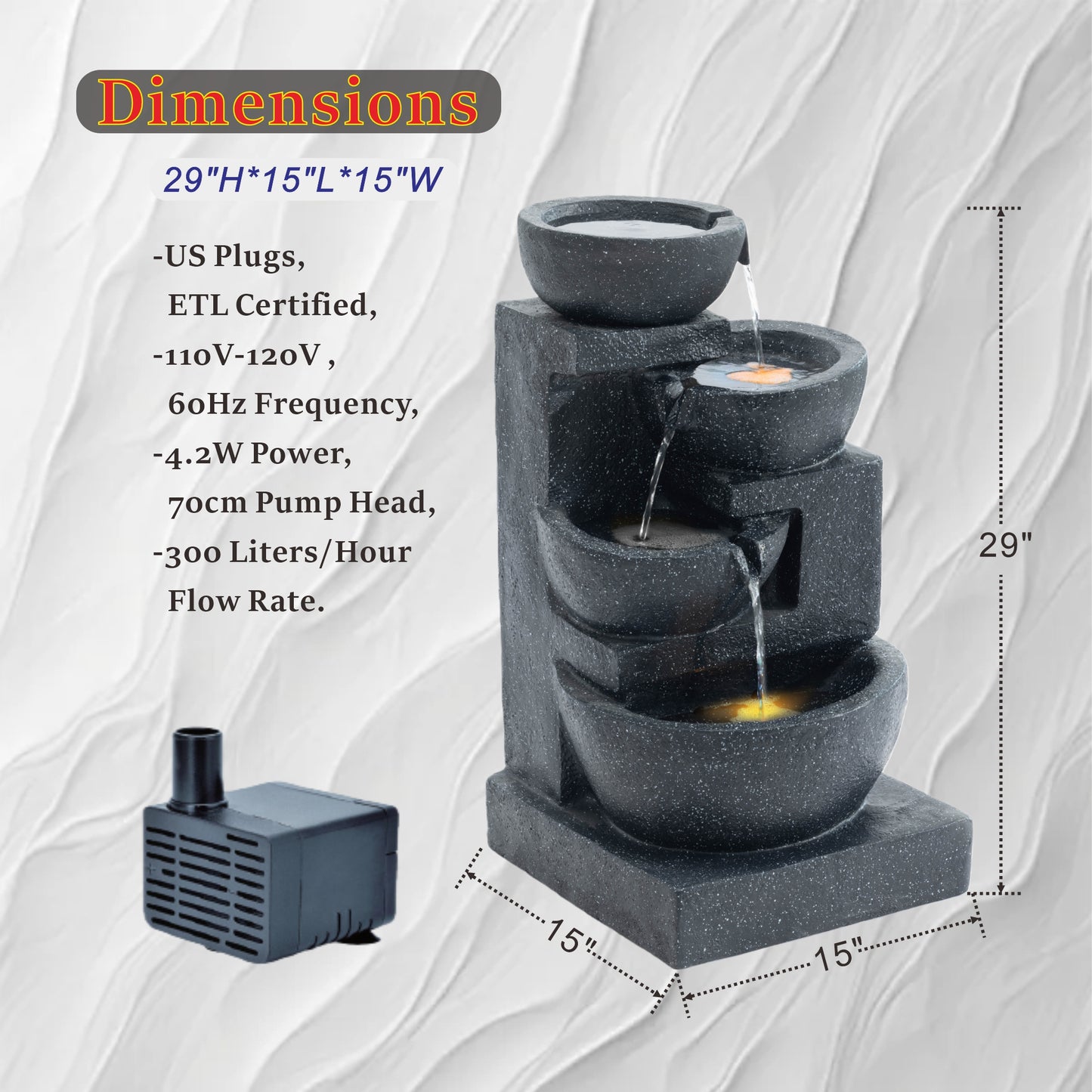 29-Inch Terrazzo Style LED Outdoor Indoor Water Fountain with Cascading Bowls & Stacked Stones – 4-Tier Ideal Waterfalls for Gardens, Patios to Create a Serene Retreat in Outdoor Living Areas