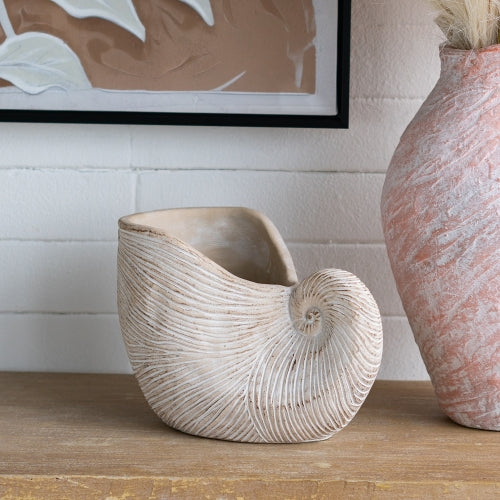7.7 in. Beige Cement Pot Decorative Vase,Decorative Nautilus Shell Planter,Boho Vase for Home Decor
