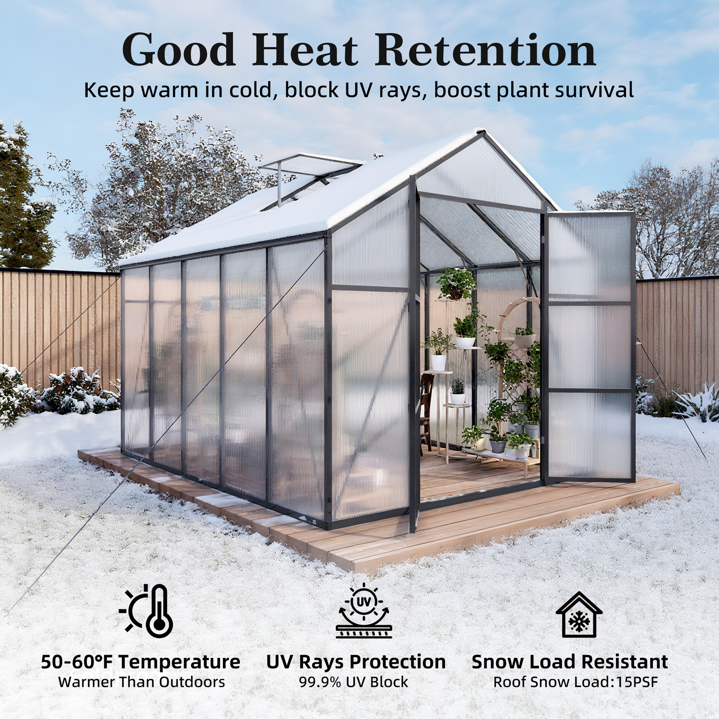 Newly Design Aluminum Frame greenhouse 8x10 FT Polycarbonate Greenhouse Heavy Duty Walk-in Greenhouses for Garden Backyard in All Season
