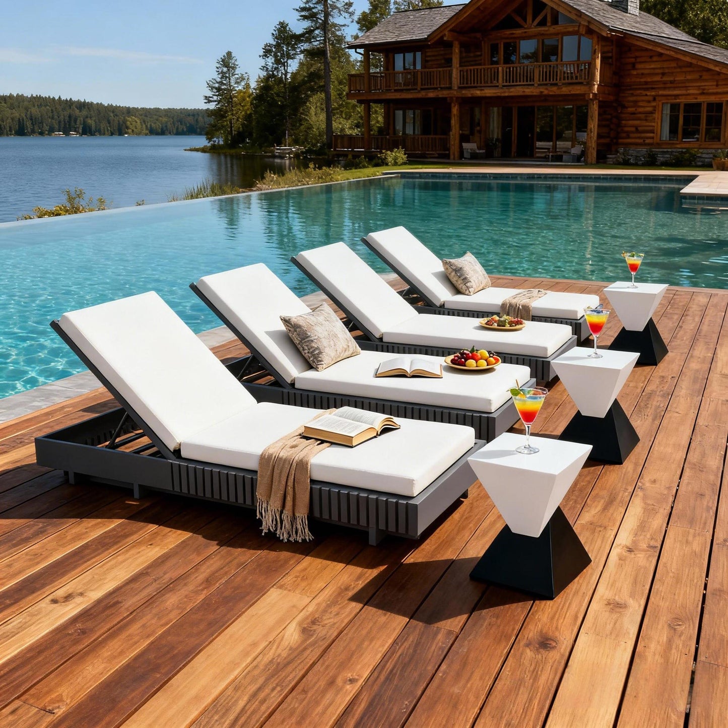 Dark Gray Acacia Solid Wood Outdoor Chaise Lounge with Cream Water-Repellent Cushion, 400lbs Capacity, Modern Patio Sun Lounger for Garden, Poolside